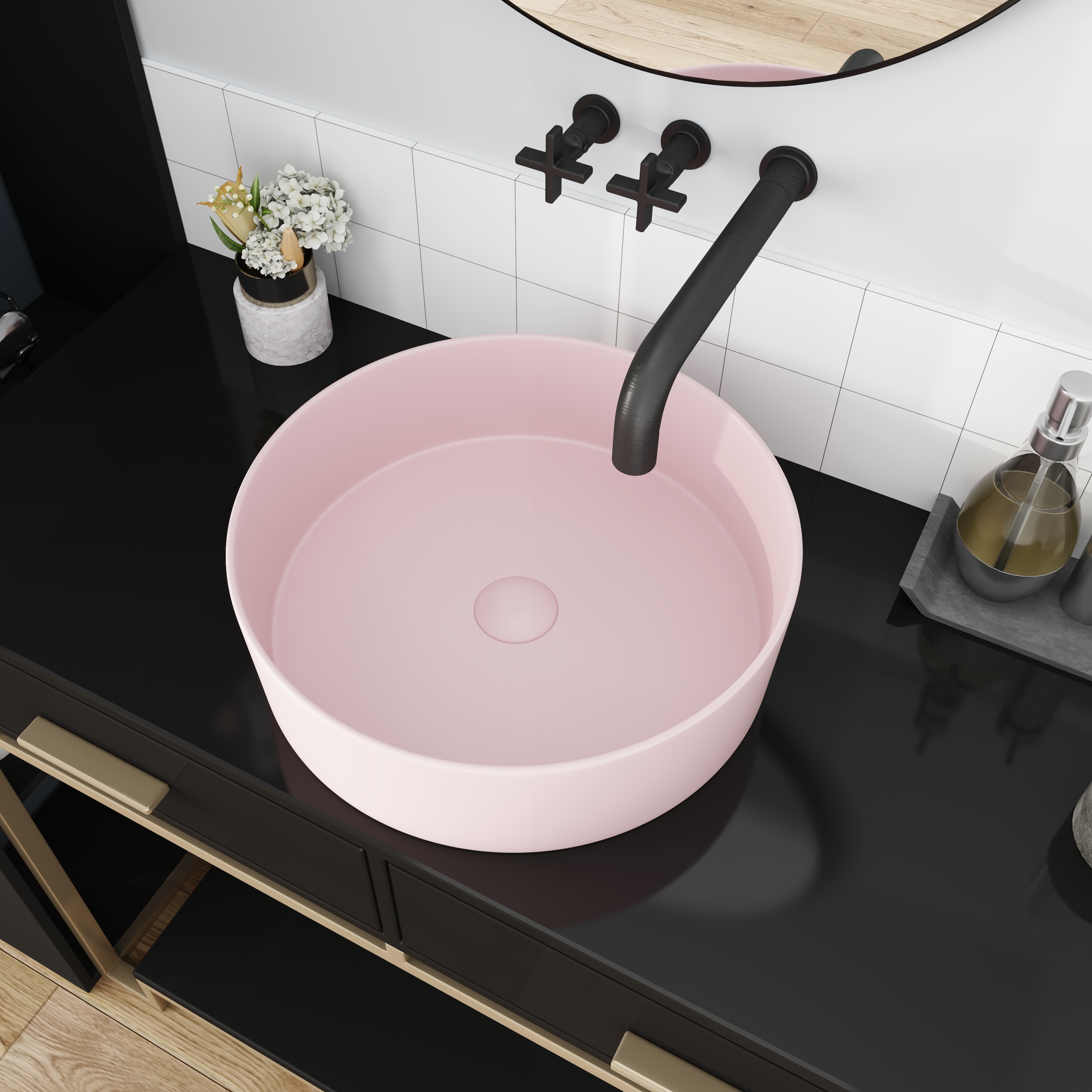 Tapa de tocador de baño de cerámica rosa para lavabo individual, WELLFOR 15.7 pulgadas x 15.7 pulgadas GLEM-77119
