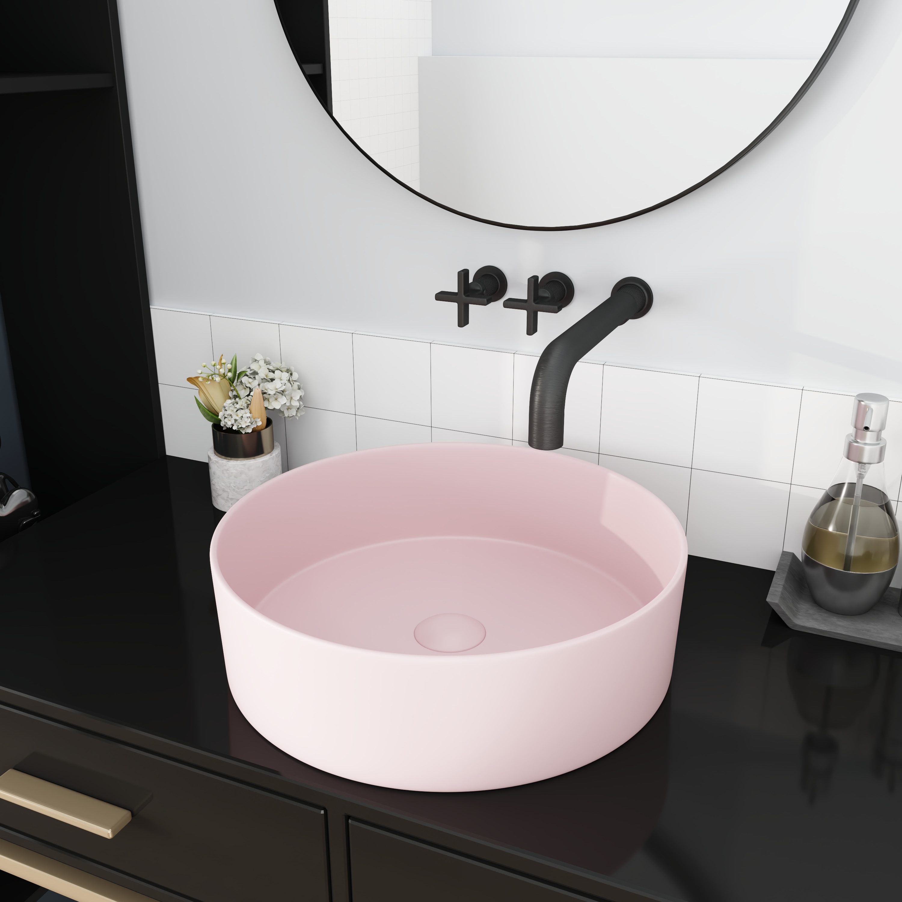 Tapa de tocador de baño de cerámica rosa para lavabo individual, WELLFOR 15.7 pulgadas x 15.7 pulgadas GLEM-77119