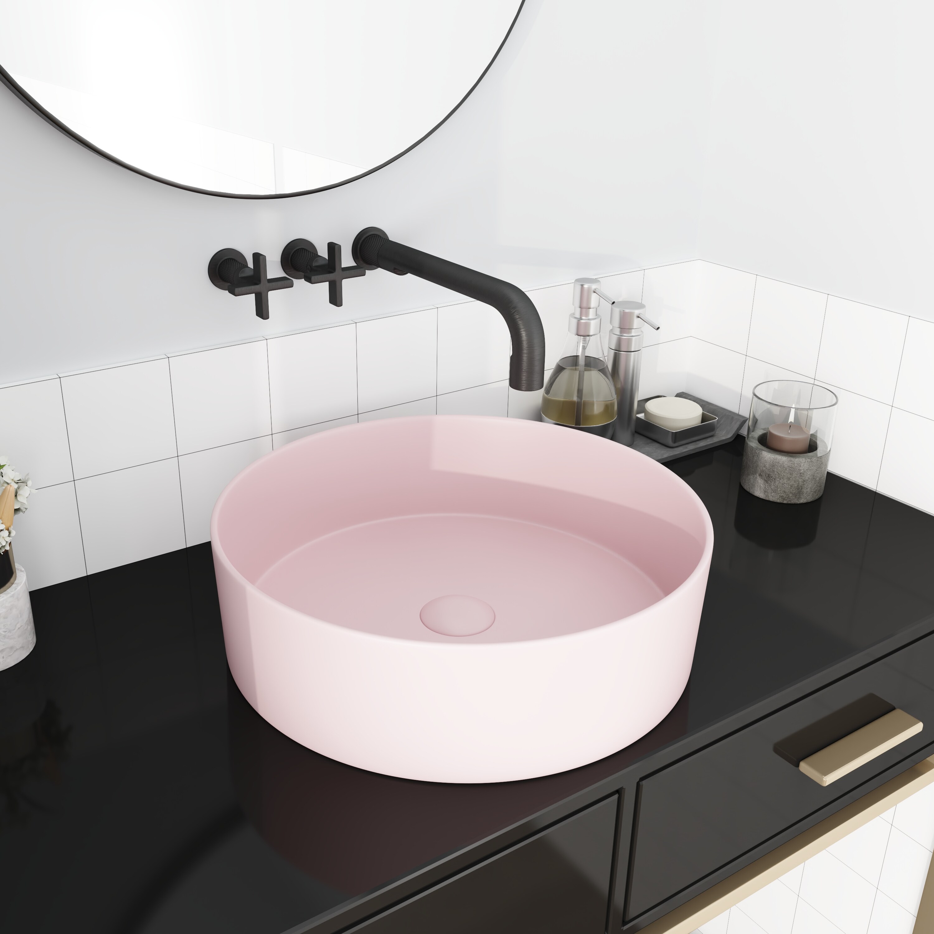 Tapa de tocador de baño de cerámica rosa para lavabo individual, WELLFOR 15.7 pulgadas x 15.7 pulgadas GLEM-77119