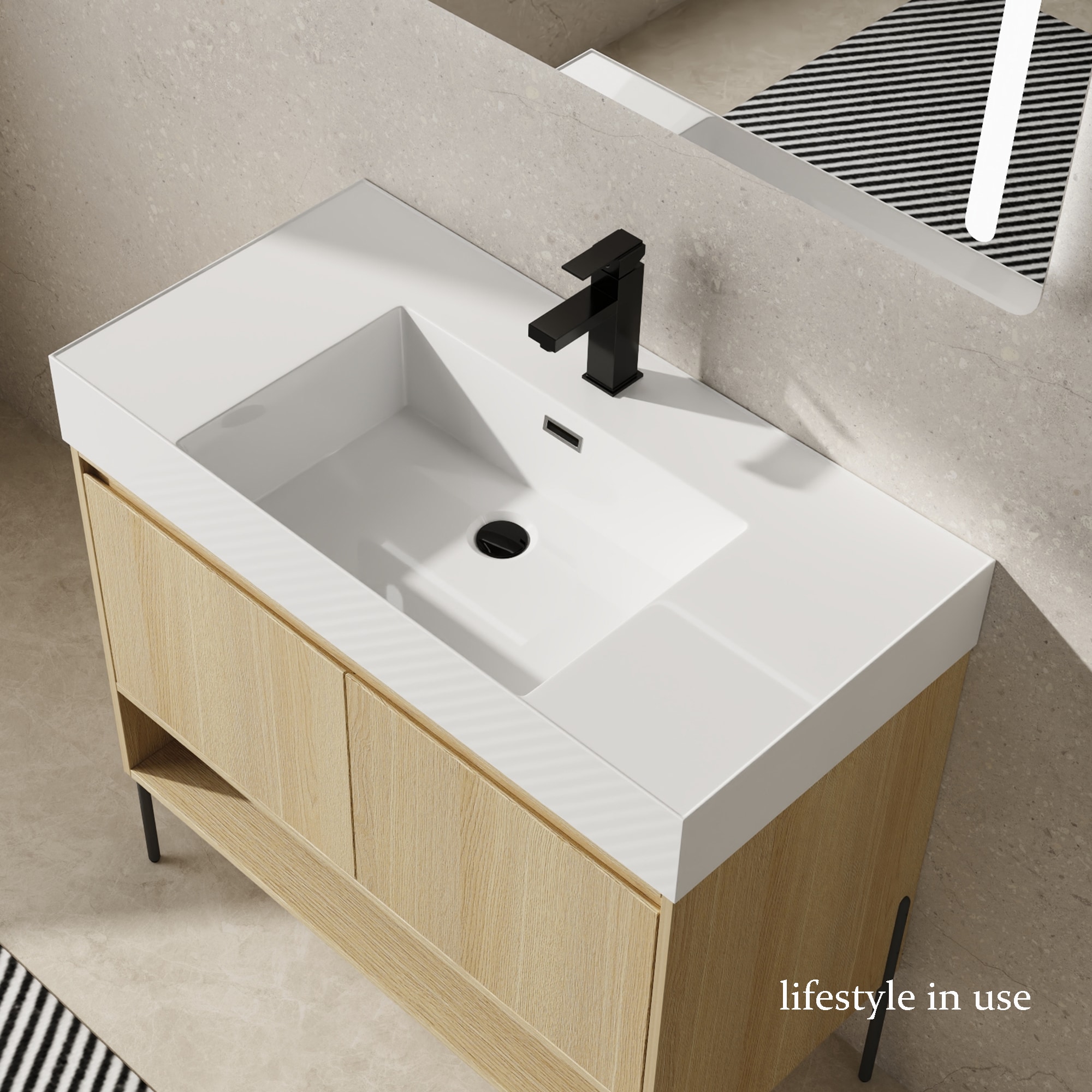 Tope de tocador para baño de mármol cultivado blanco de 36 pulgadas x 18 pulgadas con lavabo individual empotrado y un orificio de grifo - NIE-M5TP980.