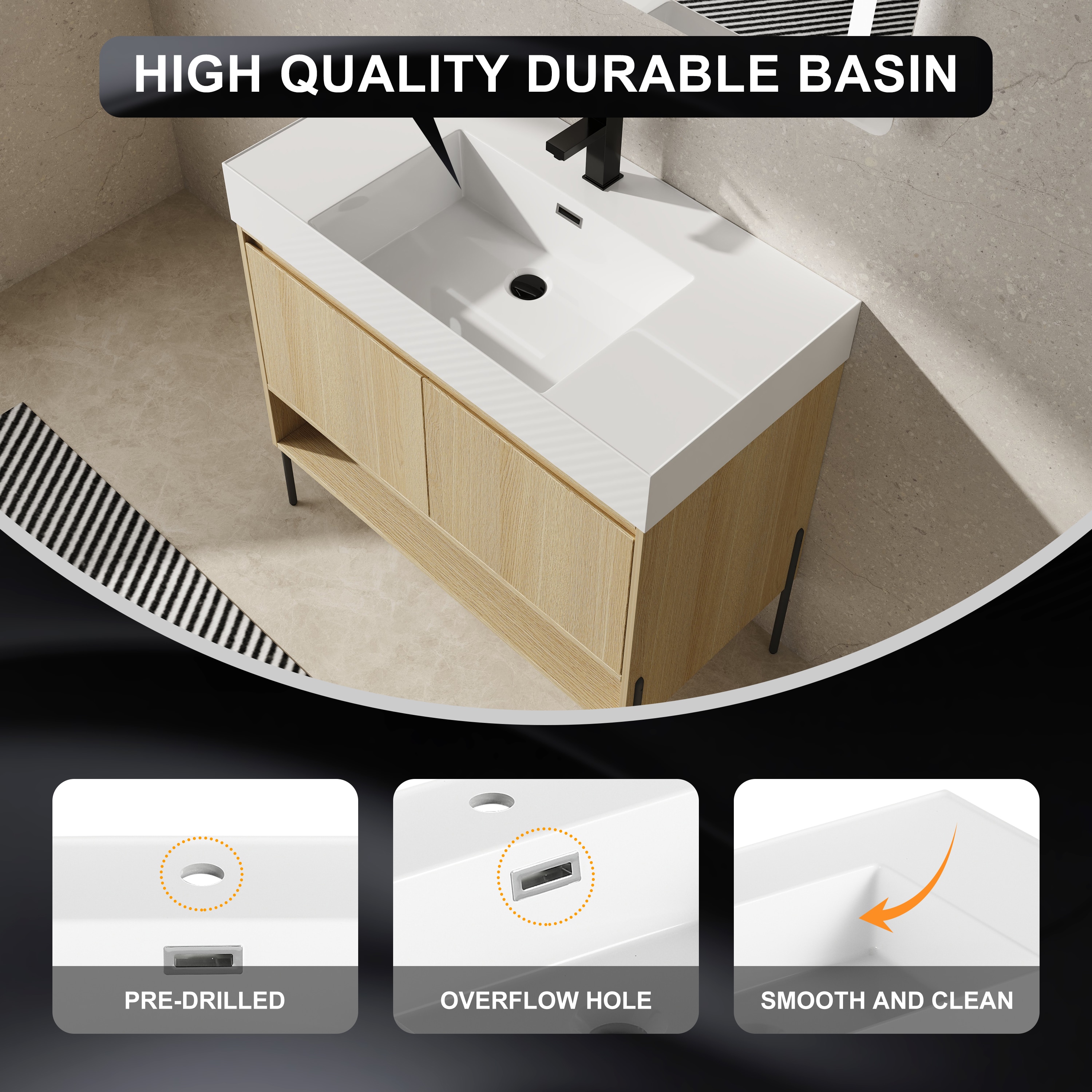 Tope de tocador para baño de mármol cultivado blanco de 36 pulgadas x 18 pulgadas con lavabo individual empotrado y un orificio de grifo - NIE-M5TP980.