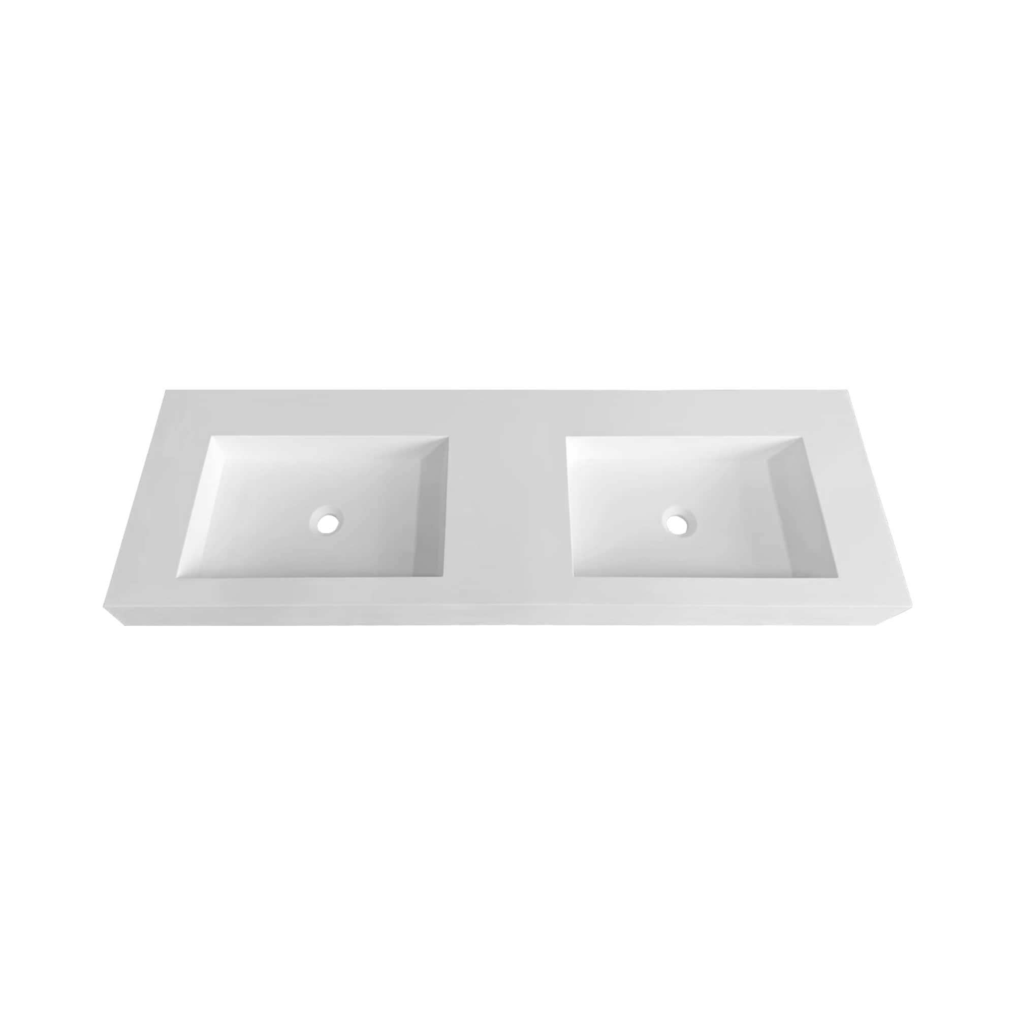 Tapa de tocador de baño de superficie sólida mate blanca de 59 pulgadas x 19 pulgadas con doble lavabo bajo encimera sin agujeros preperforados WELLFOR