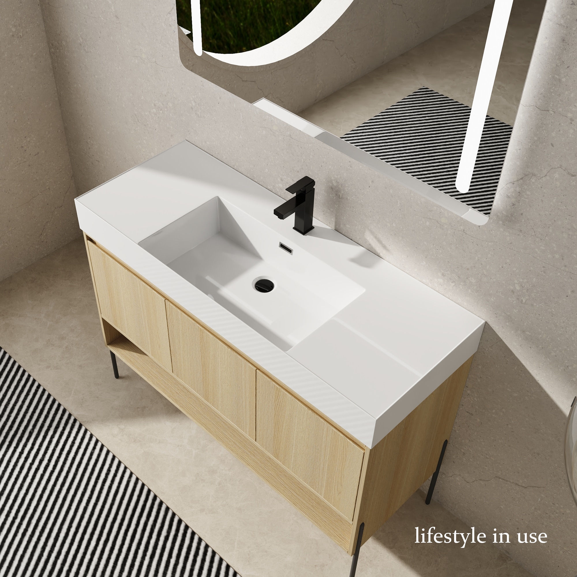 Tope para tocador de baño de mármol cultivado blanco de 48 pulgadas x 18 pulgadas con lavabo individual empotrado de 1 orificio de WELLFOR