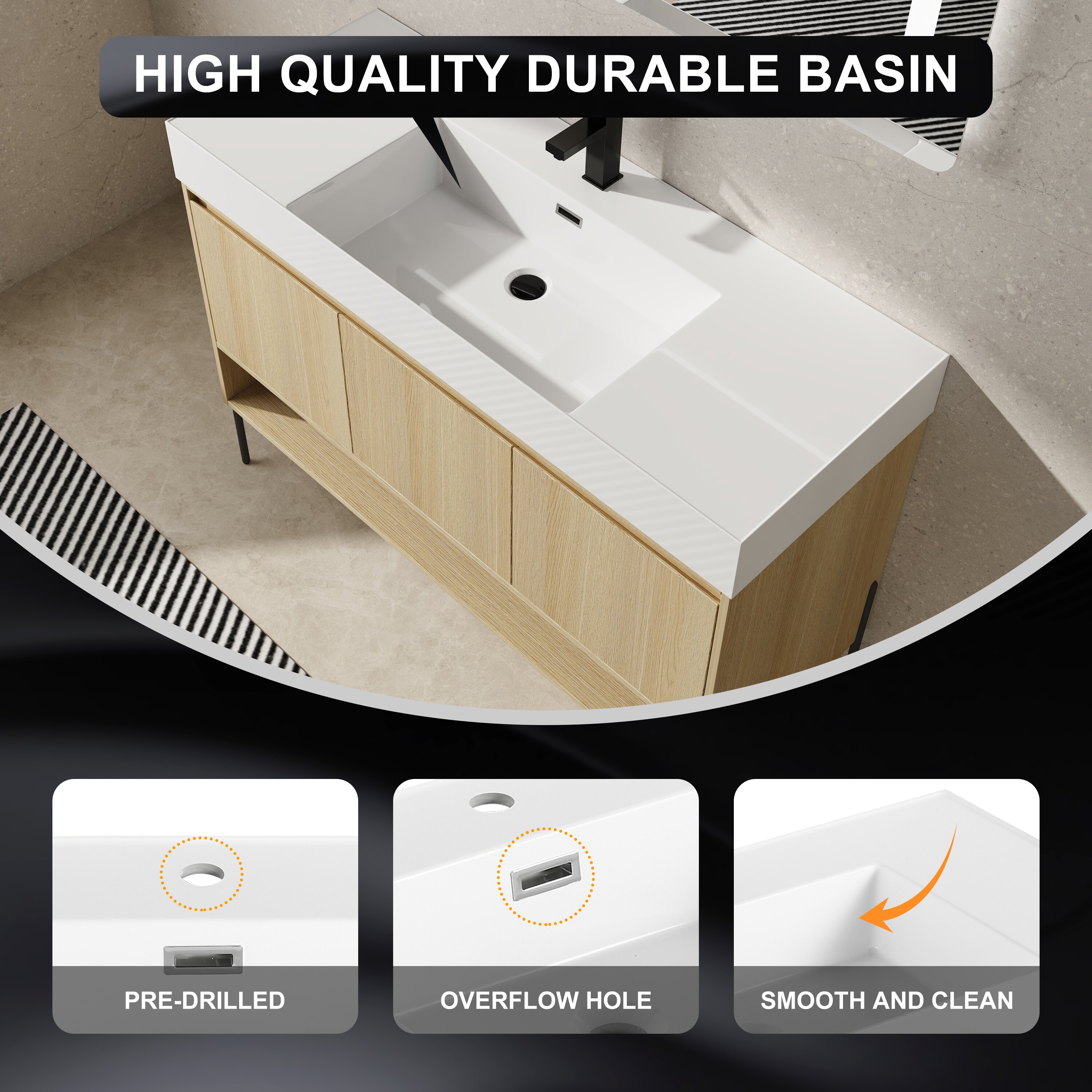 Tope para tocador de baño de mármol cultivado blanco de 48 pulgadas x 18 pulgadas con lavabo individual empotrado de 1 orificio de WELLFOR