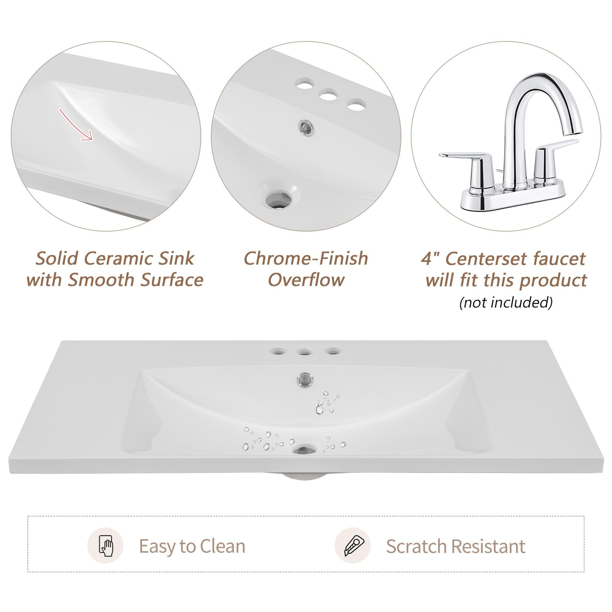 Encimera de tocador de baño de cerámica blanca de 36 pulgadas x 18 pulgadas con lavabo individual empotrado de 3 orificios, marca WELLFOR