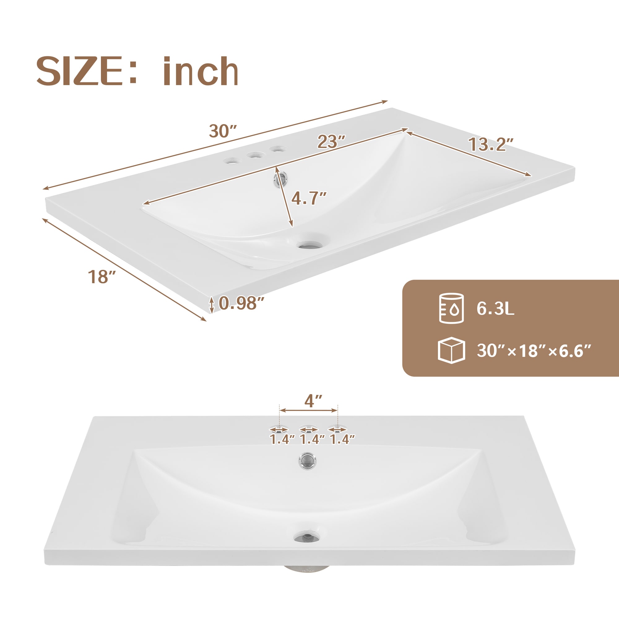 Tapa de tocador de baño de cerámica blanca para fregadero individual empotrado de 30 pulgadas x 18 pulgadas con 3 orificios - Modelo NIE-N7TP479