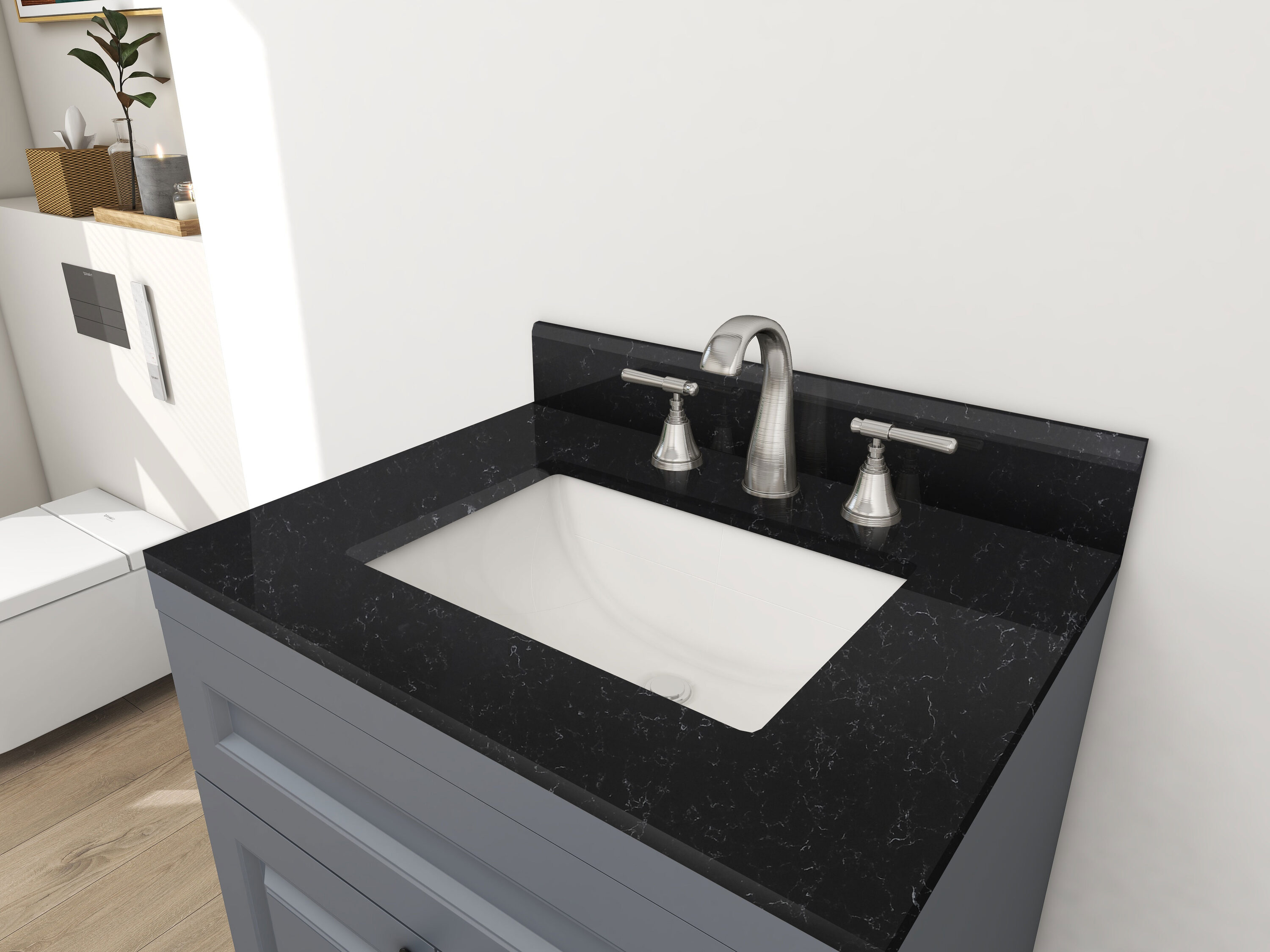 
Cubierta de tocador para baño Winette de 25 pulgadas x 22 pulgadas en cuarzo negro Carrara, con fregadero individual bajoencimera de 3 orificios WVTQ5301-25