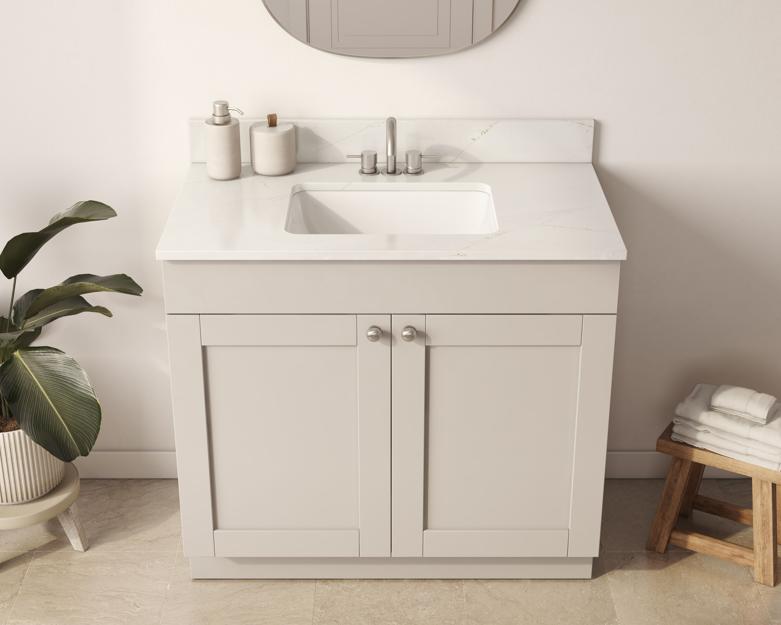 Encimera de baño de cuarzo Silestone en tono Ethereal Glow de 31 pulgadas x 22 pulgadas con lavabo individual bajo cubierta de 3 orificios.