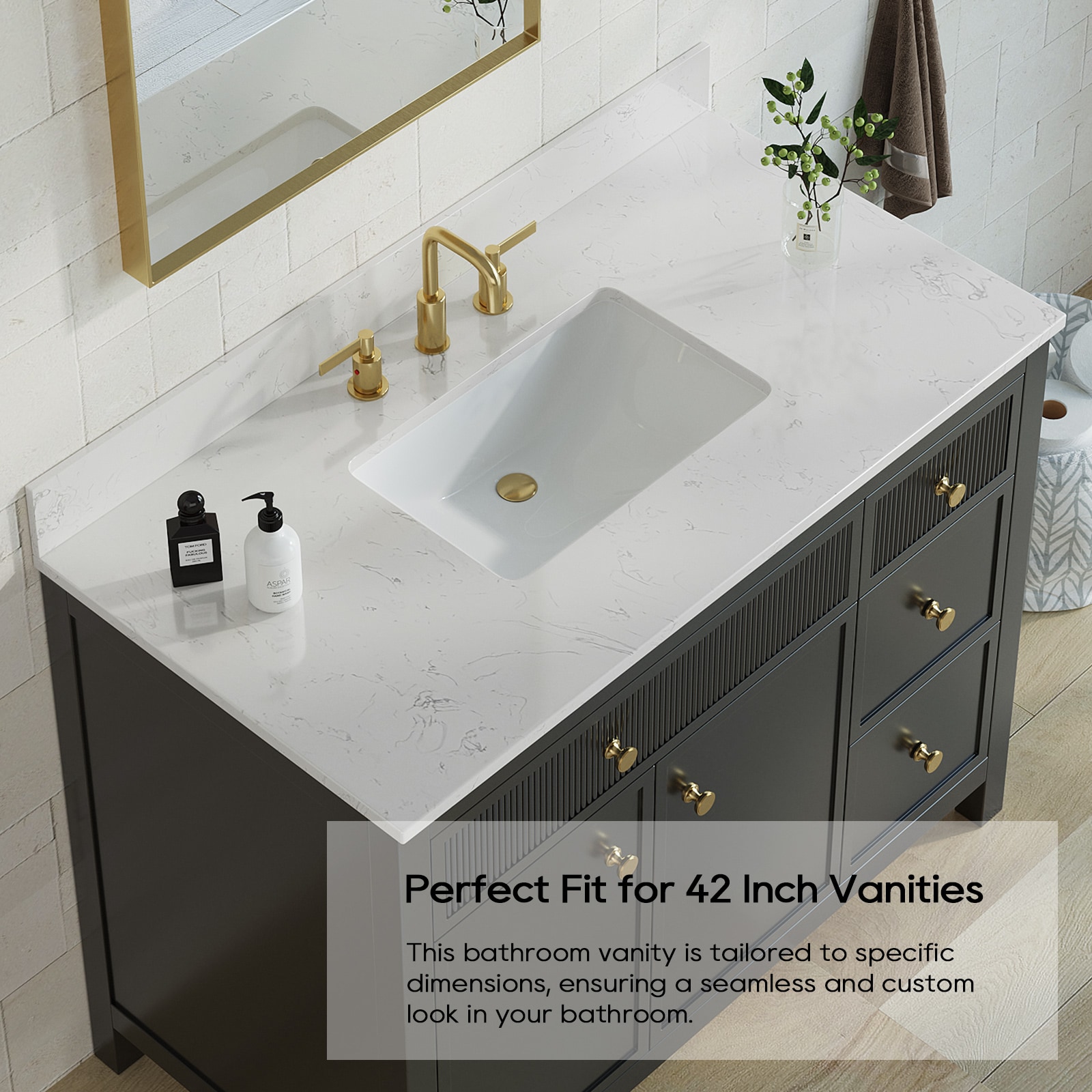 Encimera de tocador de baño de mármol cultivado blanco Carrara de 43 pulgadas x 22 pulgadas con fregadero individual integrado y 3 orificios - Vida de lujo deluxe VT0025