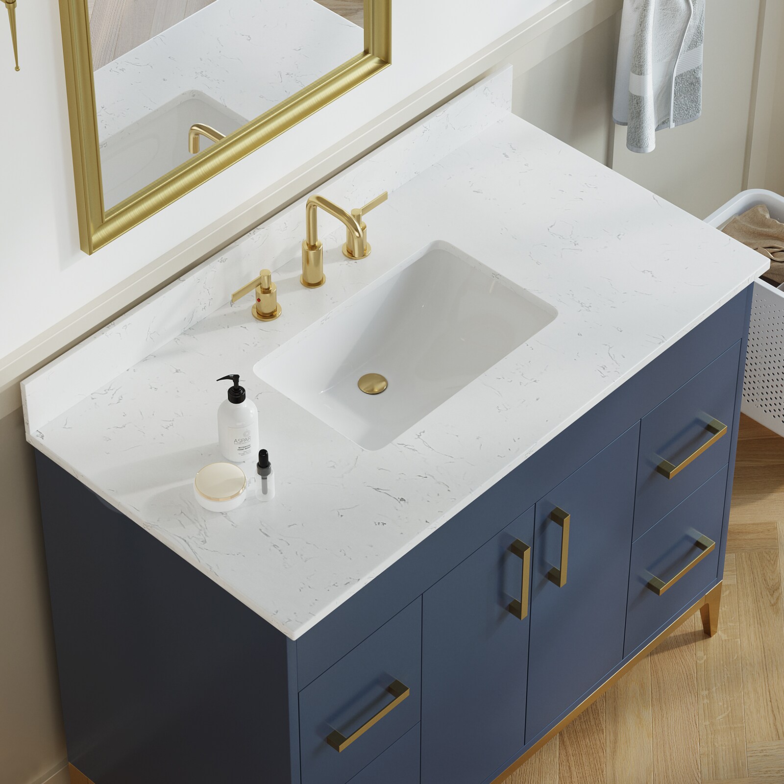 Encimera de tocador de baño de mármol cultivado blanco Carrara de 43 pulgadas x 22 pulgadas con fregadero individual integrado y 3 orificios - Vida de lujo deluxe VT0025
