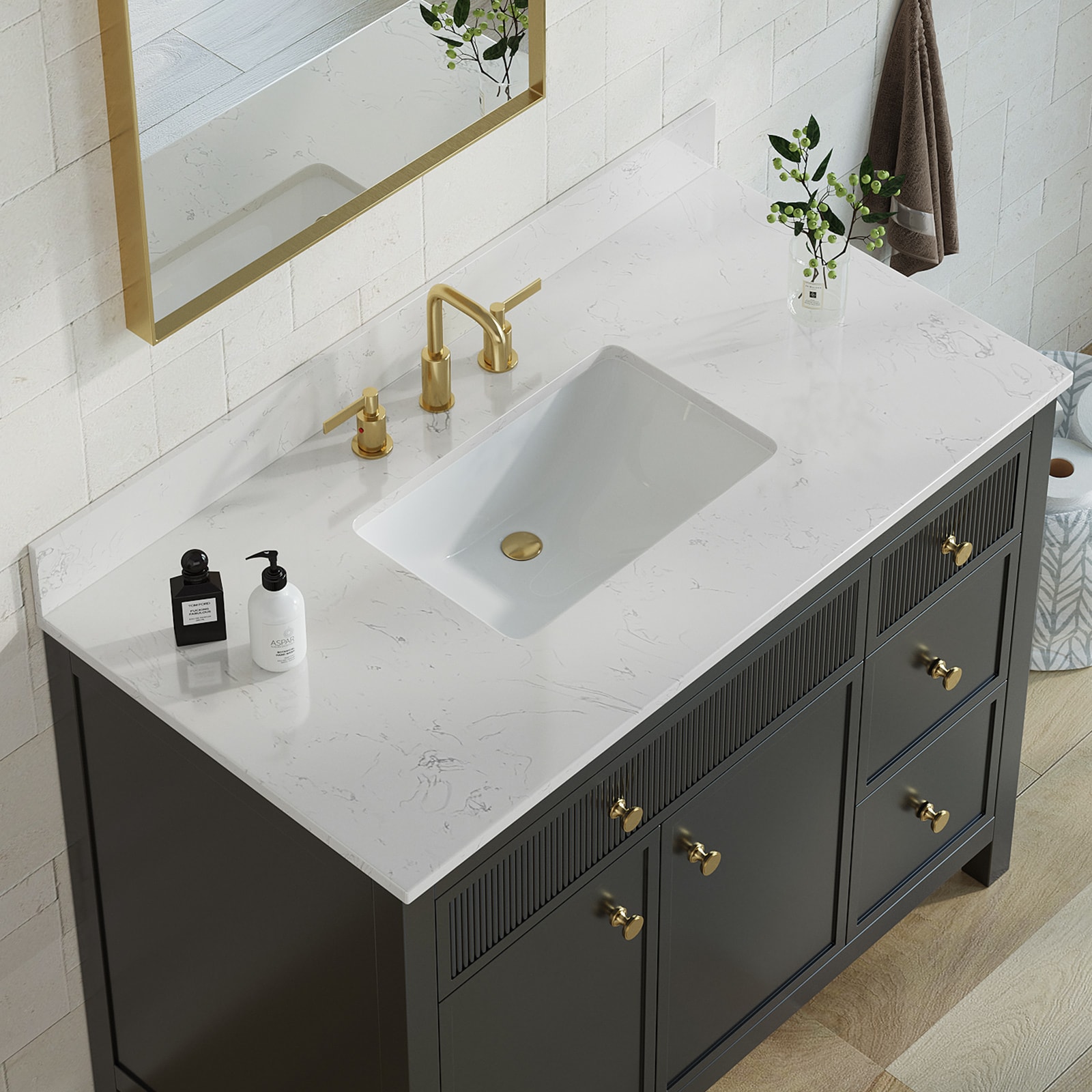 Encimera de tocador de baño de mármol cultivado blanco Carrara de 43 pulgadas x 22 pulgadas con fregadero individual integrado y 3 orificios - Vida de lujo deluxe VT0025
