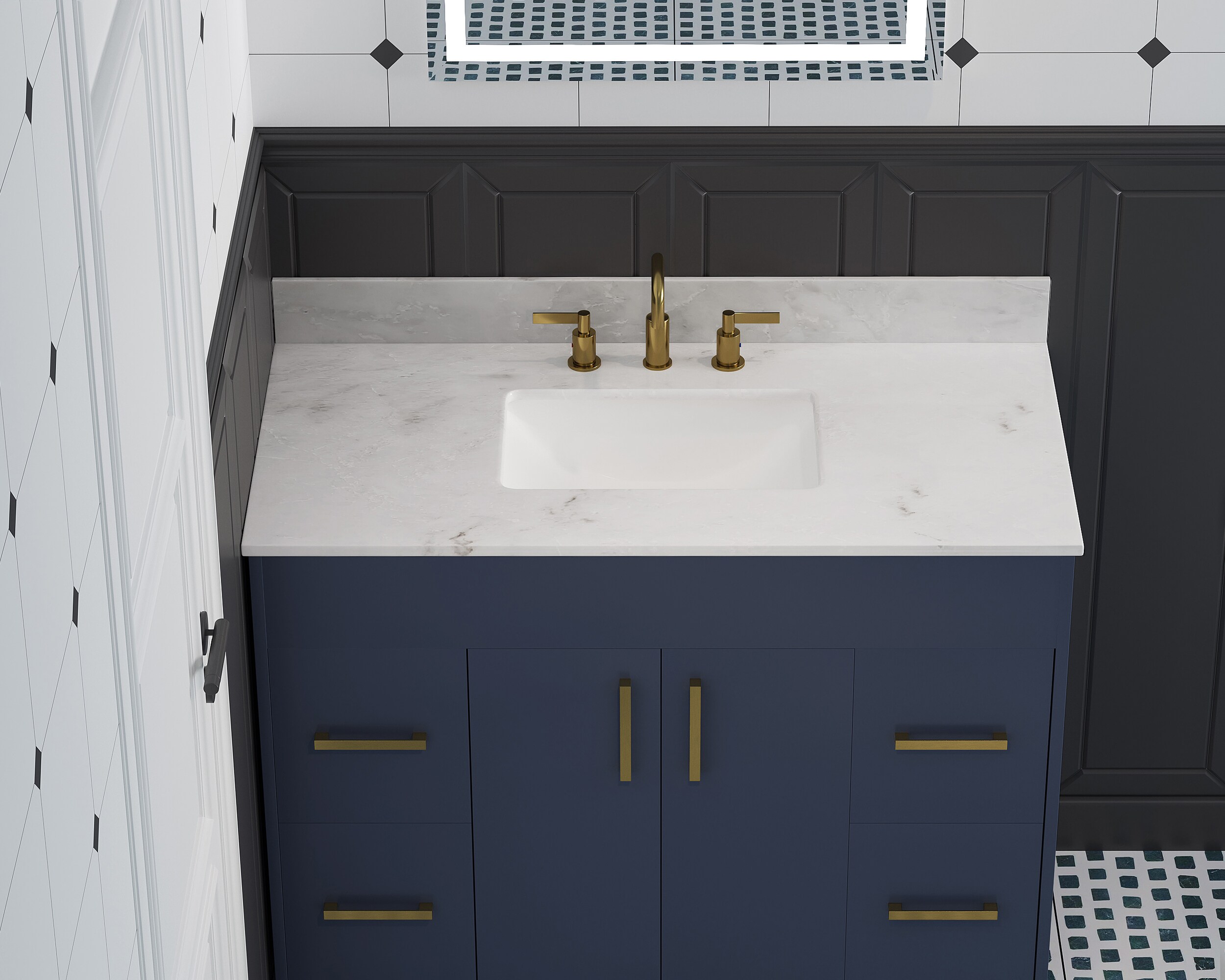 Encimera para tocador de baño con lavabo simple bajo cubierta de mármol blanco de 43 pulgadas x 22 pulgadas y 3 orificios, estilo DELUXE LIVING - VT0020