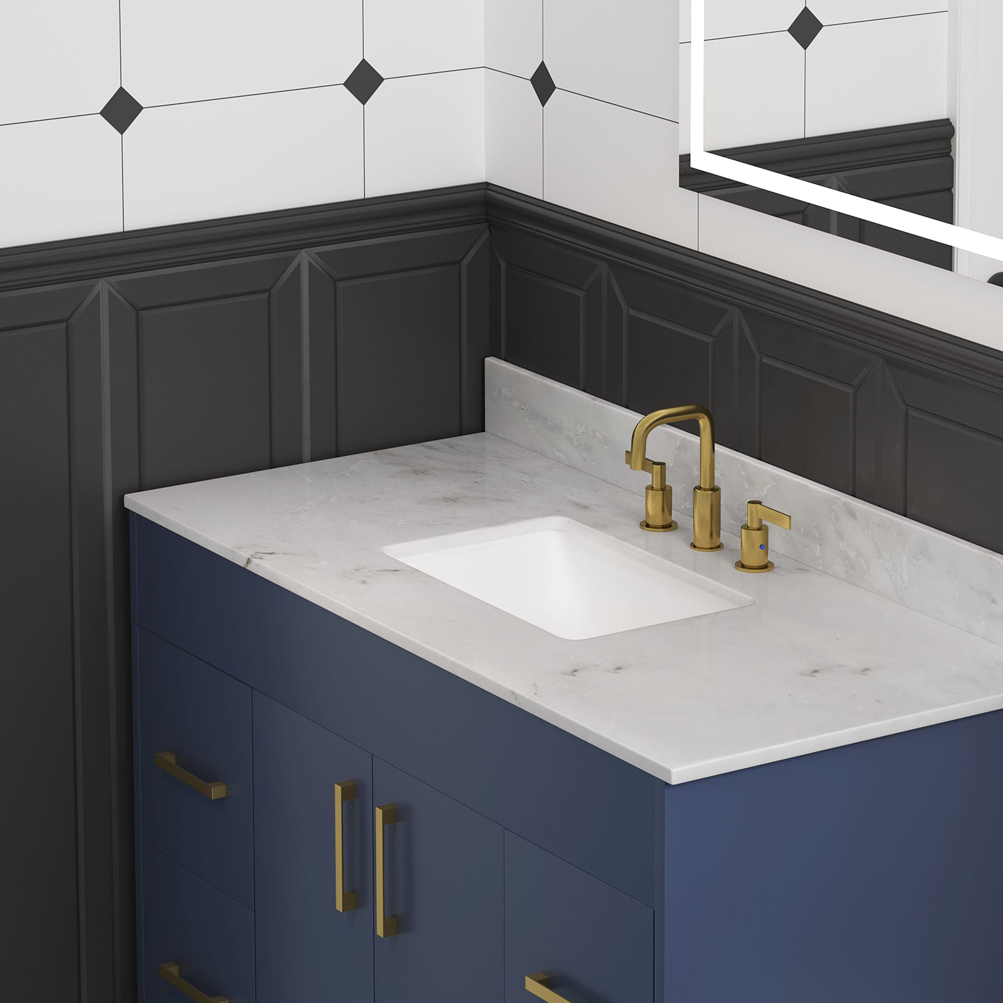 Encimera para tocador de baño con lavabo simple bajo cubierta de mármol blanco de 43 pulgadas x 22 pulgadas y 3 orificios, estilo DELUXE LIVING - VT0020