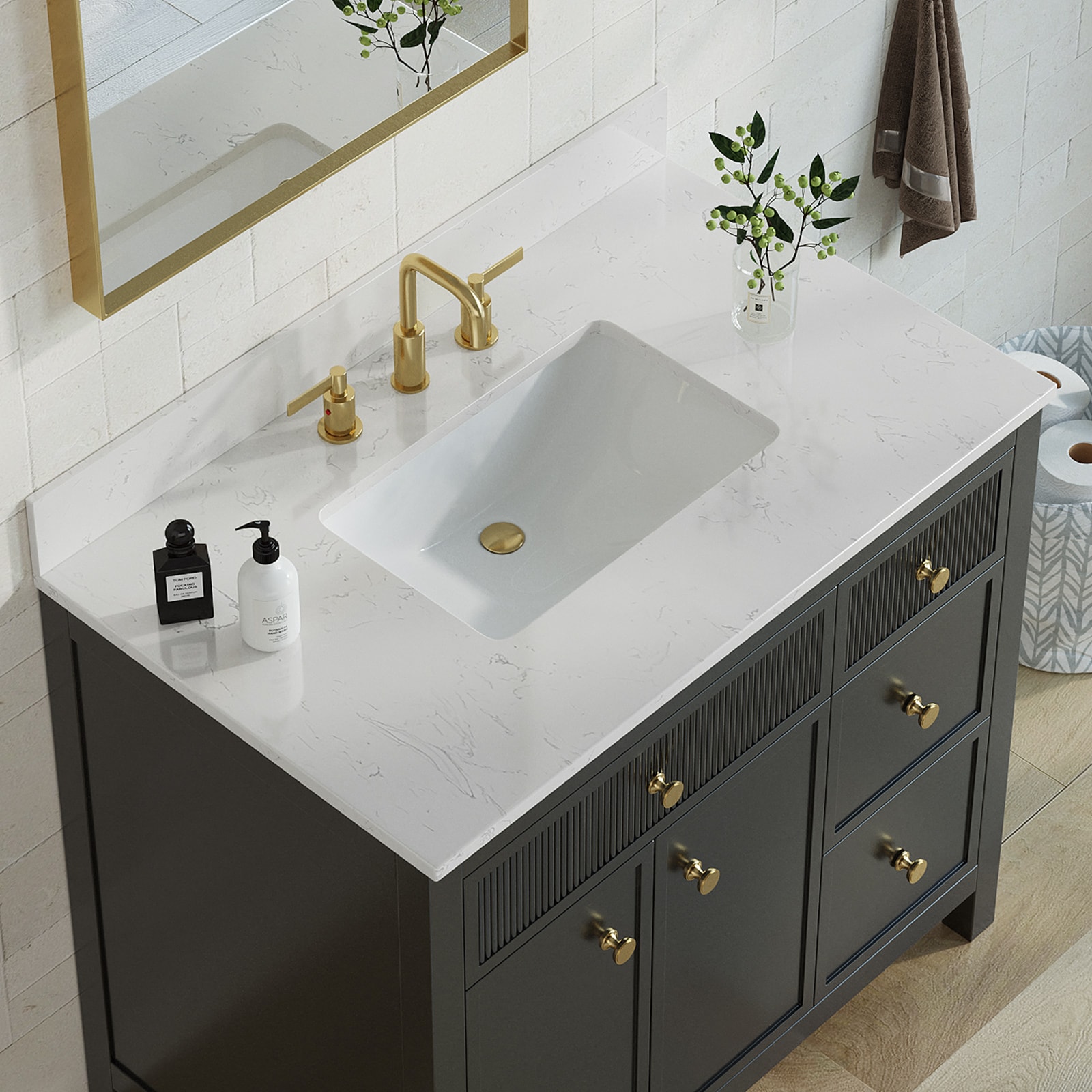 Tapa de tocador de baño Carrara de mármol sintético blanco de 37 pulgadas x 22 pulgadas con fregadero de montaje inferior y 3 orificios - Edición de lujo
