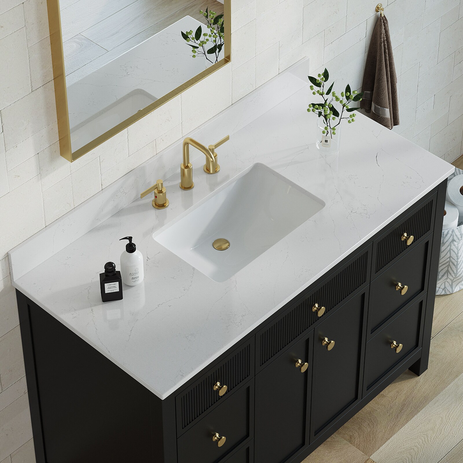 TOPE PARA VANIDAD DE BAÑO DE QUARZO BLANCO DE 49 PULGADAS X 22 PULGADAS, CON LAVABO INDIVIDUAL DE MONTAJE INFERIOR Y 3 ORIFICIOS - ESTILO DE VIDA DE LUJO Bianco Bella VT0016
