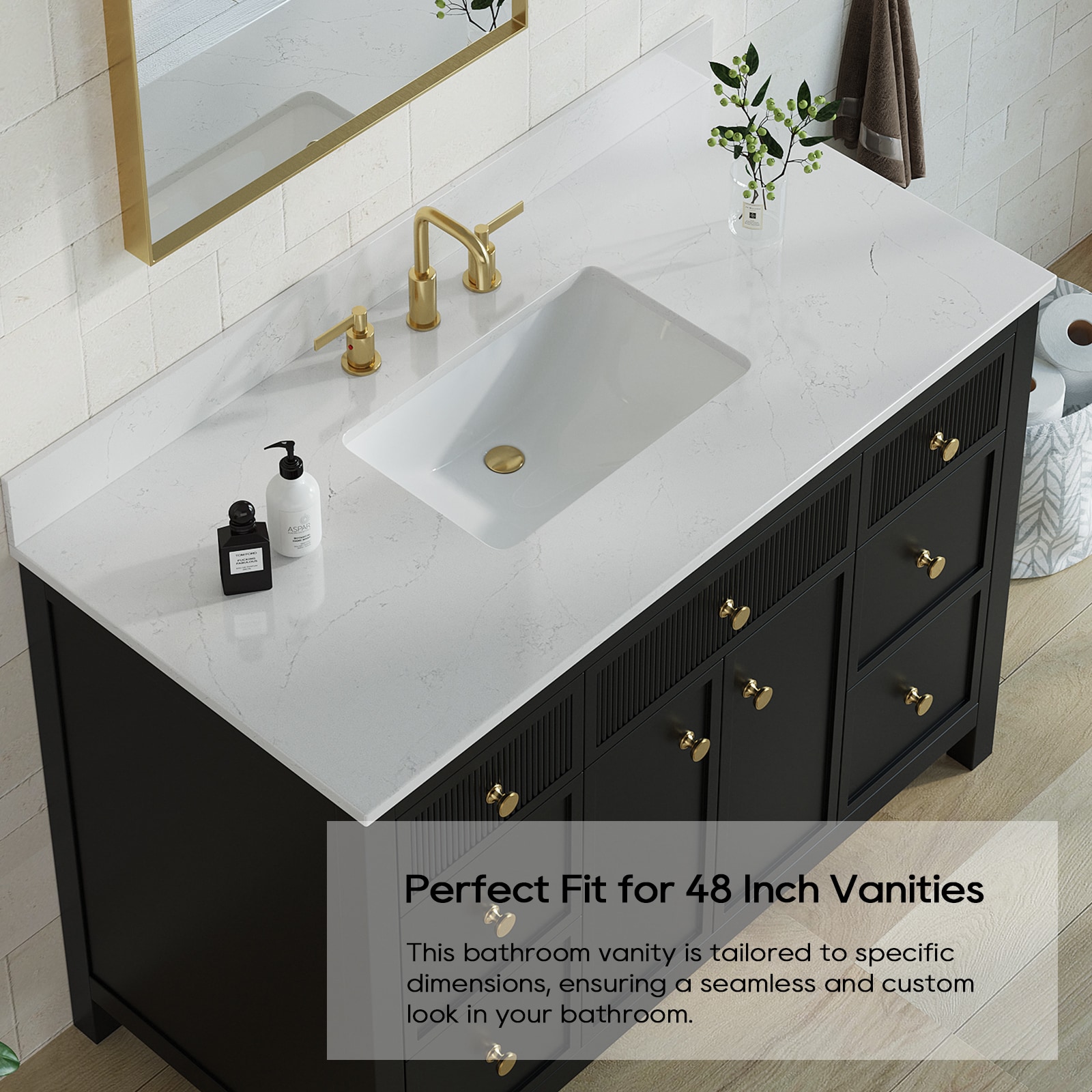 TOPE PARA VANIDAD DE BAÑO DE QUARZO BLANCO DE 49 PULGADAS X 22 PULGADAS, CON LAVABO INDIVIDUAL DE MONTAJE INFERIOR Y 3 ORIFICIOS - ESTILO DE VIDA DE LUJO Bianco Bella VT0016