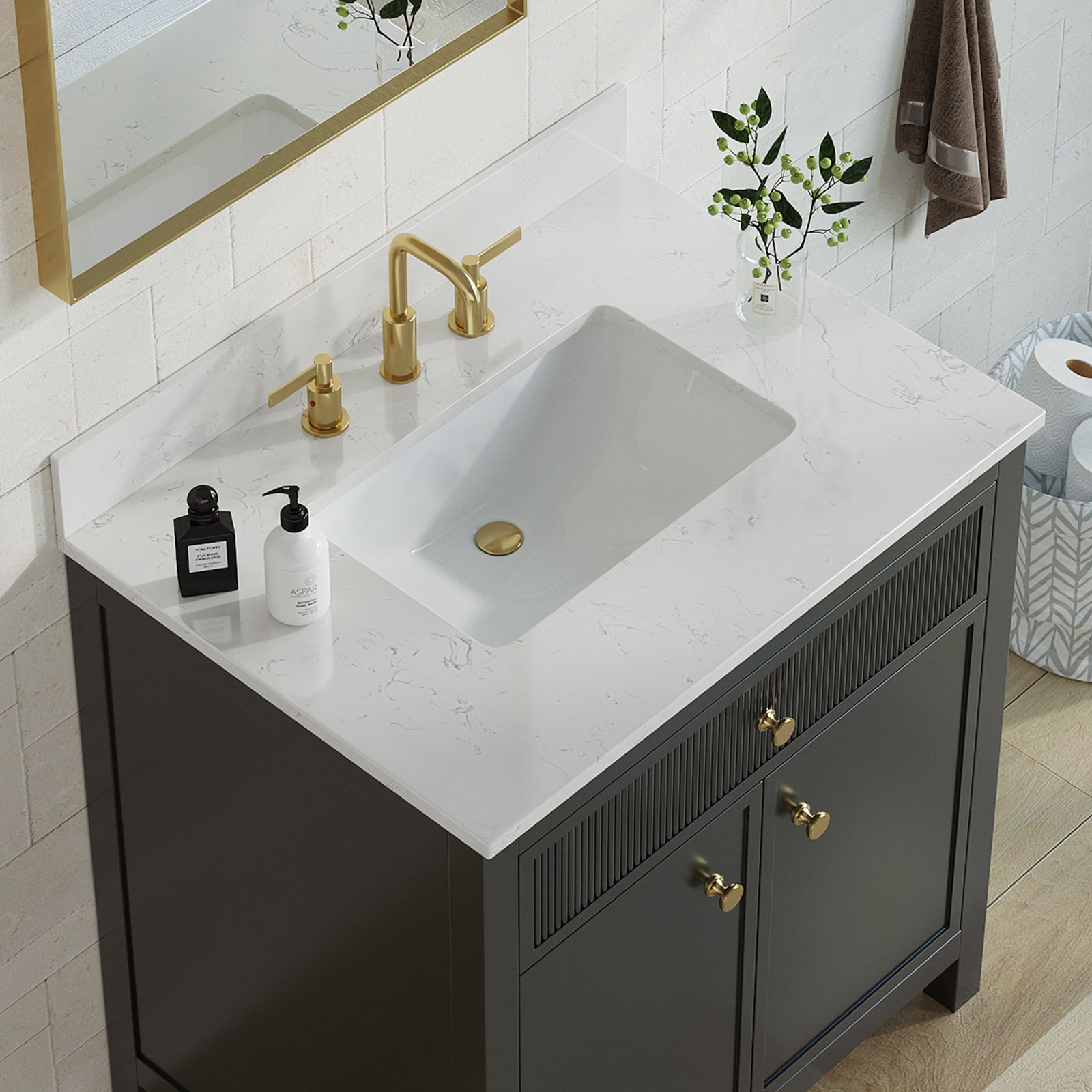 Top de tocador de baño de mármol blanco de ingeniería con fregadero individual integrado en un agujero de 3 en tamaño Deluxe Living Carrara de 31 pulgadas x 22 pulgadas.