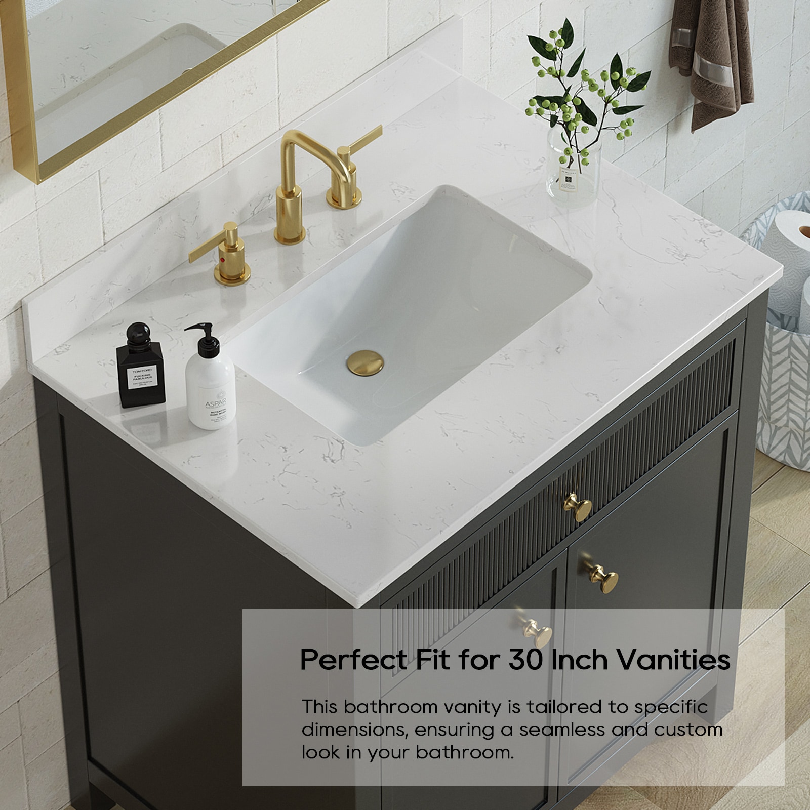 Top de tocador de baño de mármol blanco de ingeniería con fregadero individual integrado en un agujero de 3 en tamaño Deluxe Living Carrara de 31 pulgadas x 22 pulgadas.