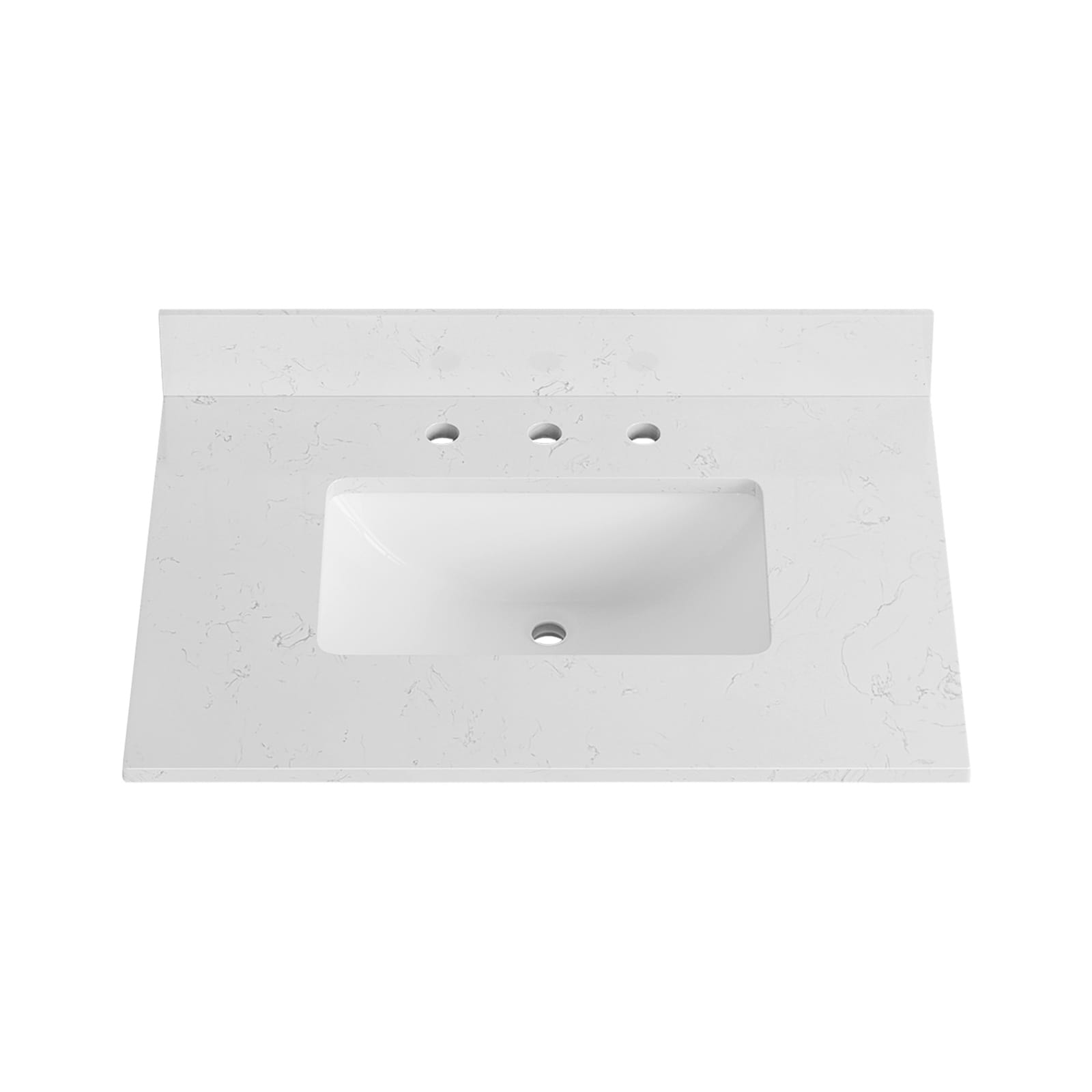 Top de tocador de baño de mármol blanco de ingeniería con fregadero individual integrado en un agujero de 3 en tamaño Deluxe Living Carrara de 31 pulgadas x 22 pulgadas.