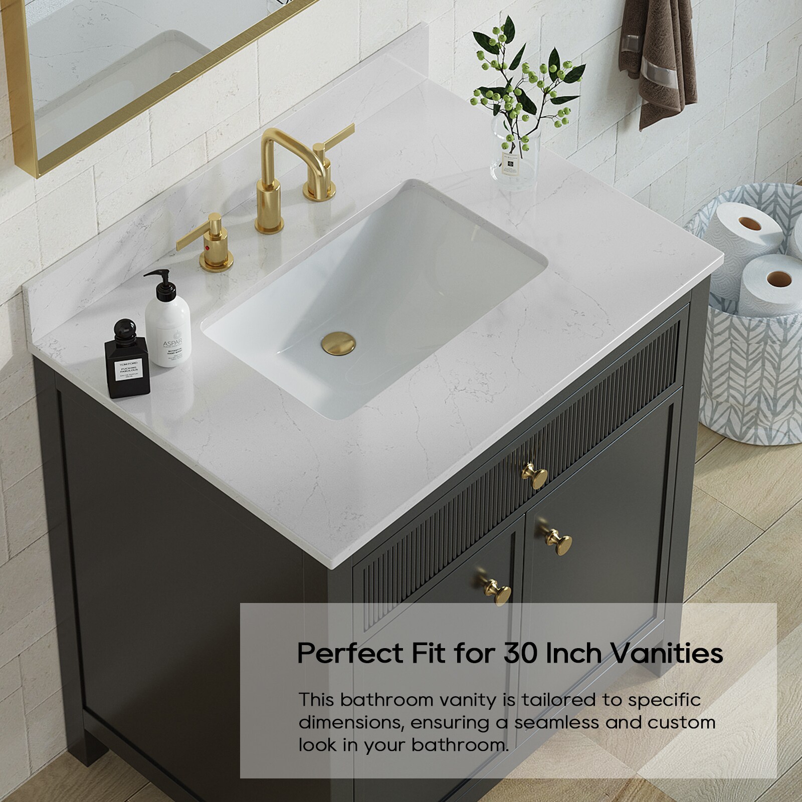 Tope de tocador de baño de lujo Bianco Bella de cuarzo blanco de 31 pulgadas x 22 pulgadas con fregadero simple bajo cubierta de 3 orificios