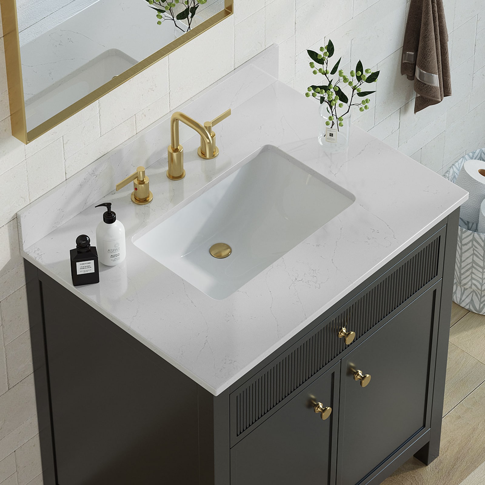 Tope de tocador de baño de lujo Bianco Bella de cuarzo blanco de 31 pulgadas x 22 pulgadas con fregadero simple bajo cubierta de 3 orificios