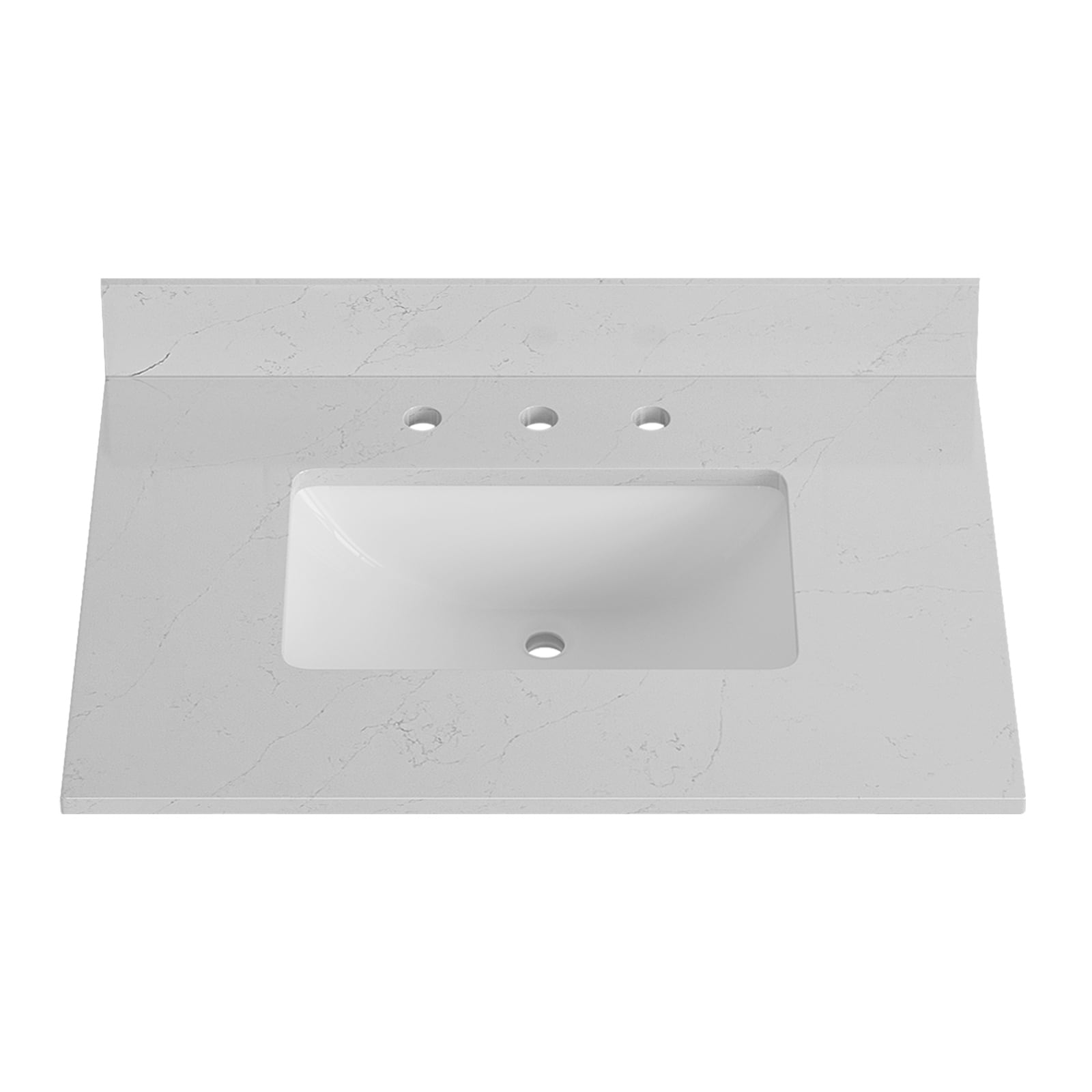 Tope de tocador de baño de lujo Bianco Bella de cuarzo blanco de 31 pulgadas x 22 pulgadas con fregadero simple bajo cubierta de 3 orificios