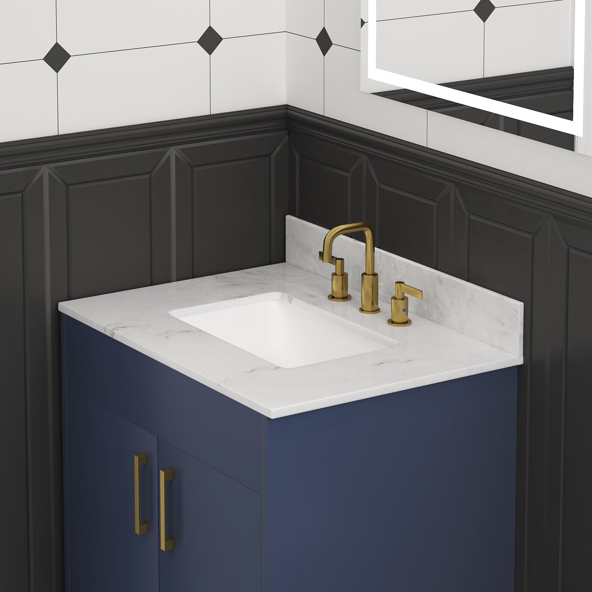 Tapa de tocador de baño de mármol blanco con fregadero individual empotrado de 31 pulgadas x 22 pulgadas y 3 orificios de la marca DELUXE LIVING Carlsber (VT0010)