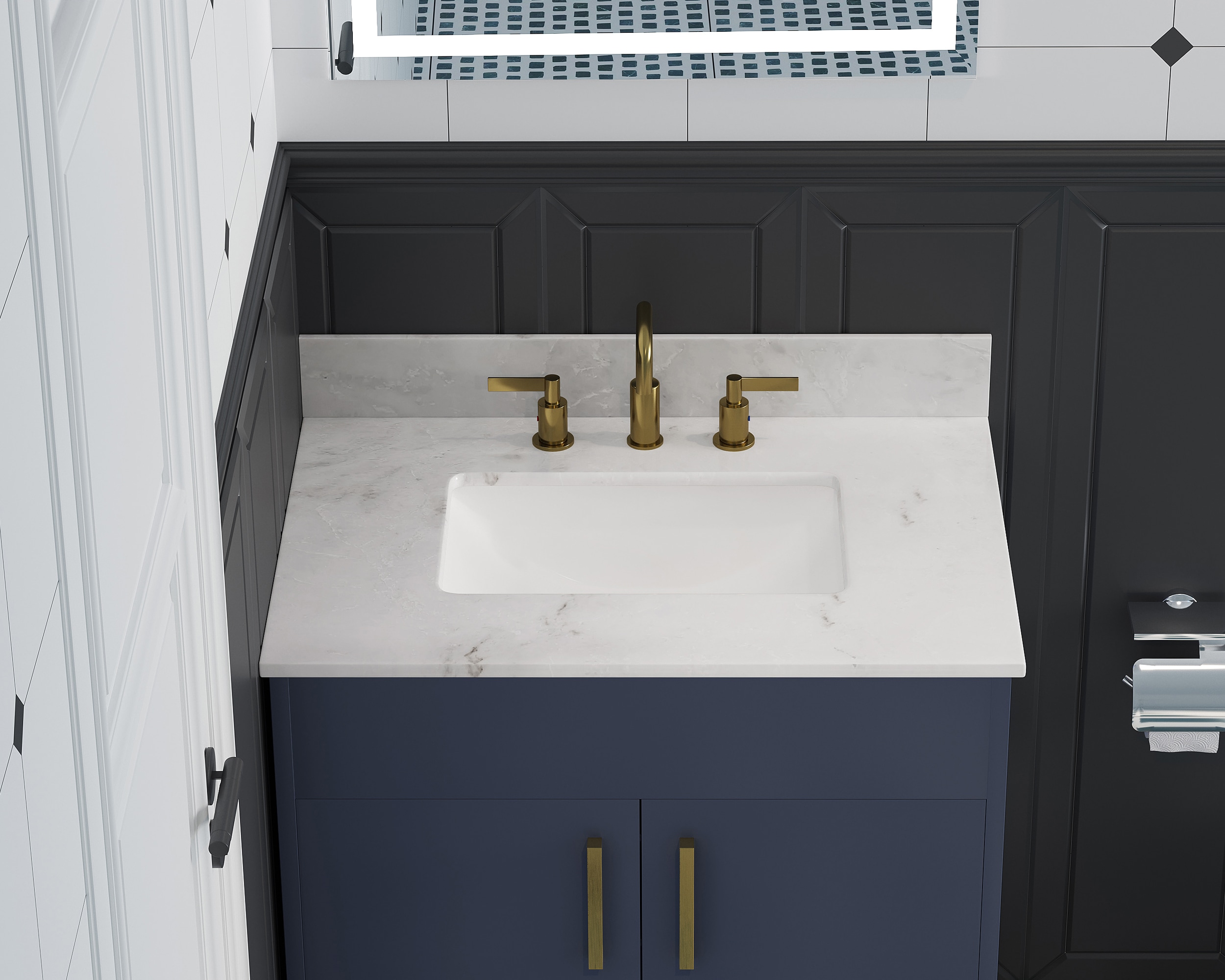 Tapa de tocador de baño de mármol blanco con fregadero individual empotrado de 31 pulgadas x 22 pulgadas y 3 orificios de la marca DELUXE LIVING Carlsber (VT0010)