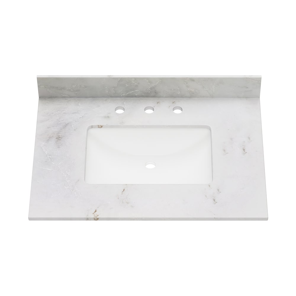 Tapa de tocador de baño de mármol blanco con fregadero individual empotrado de 31 pulgadas x 22 pulgadas y 3 orificios de la marca DELUXE LIVING Carlsber (VT0010)