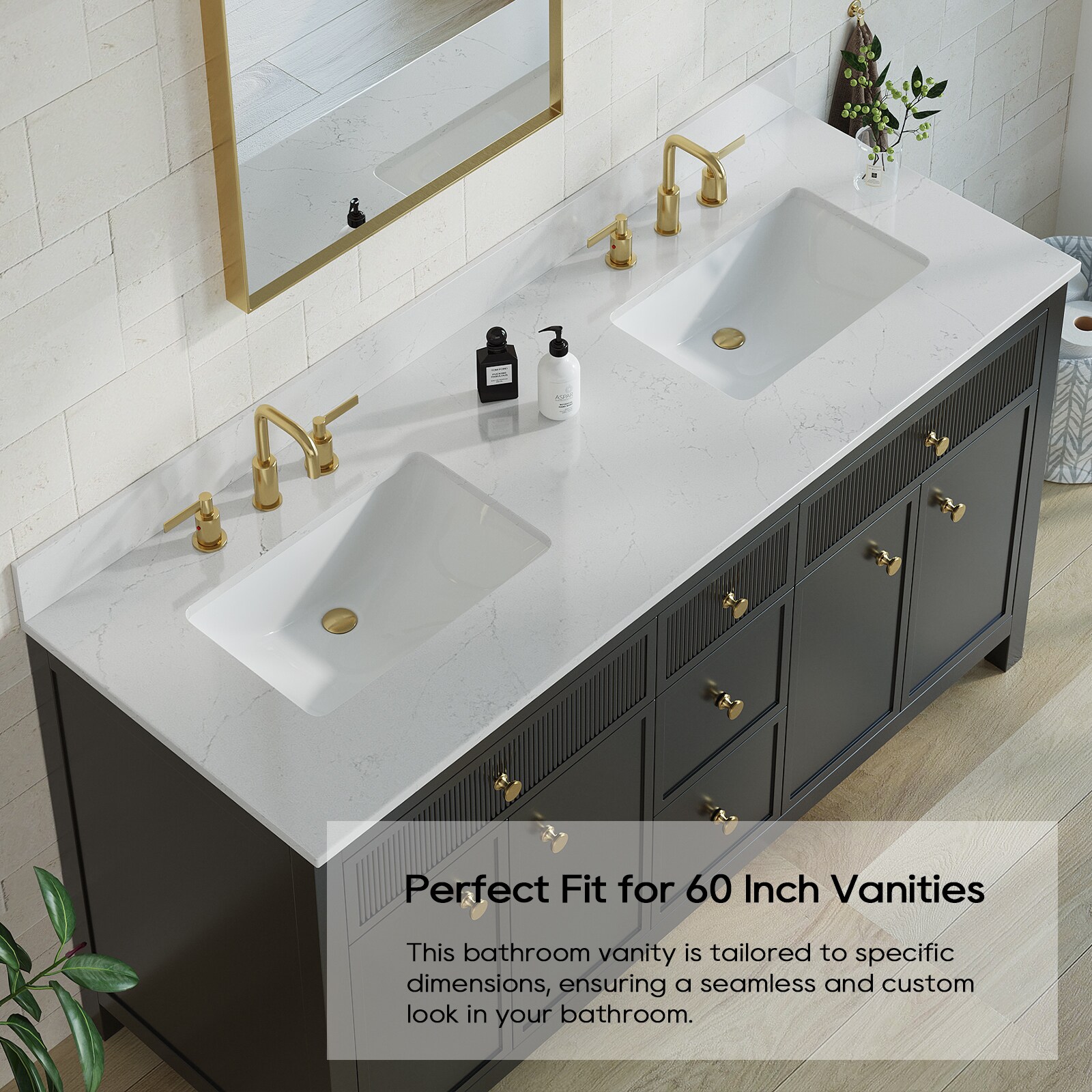 TOPE DE VANIDAD DE BAÑO DE LUJO Bianco Bella de Cuarzo Blanco de Montaje Inferior Doble 61" x 22" con 6 Orificios VT0017