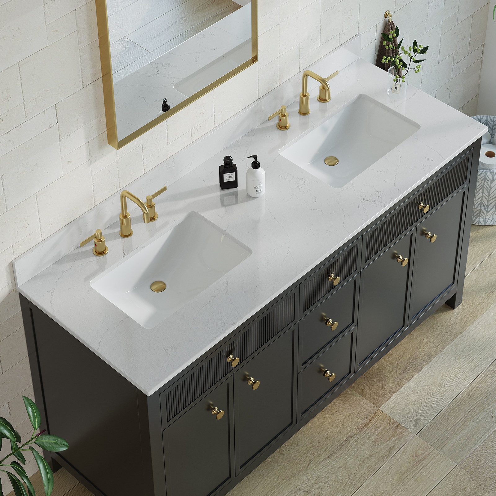 TOPE DE VANIDAD DE BAÑO DE LUJO Bianco Bella de Cuarzo Blanco de Montaje Inferior Doble 61" x 22" con 6 Orificios VT0017