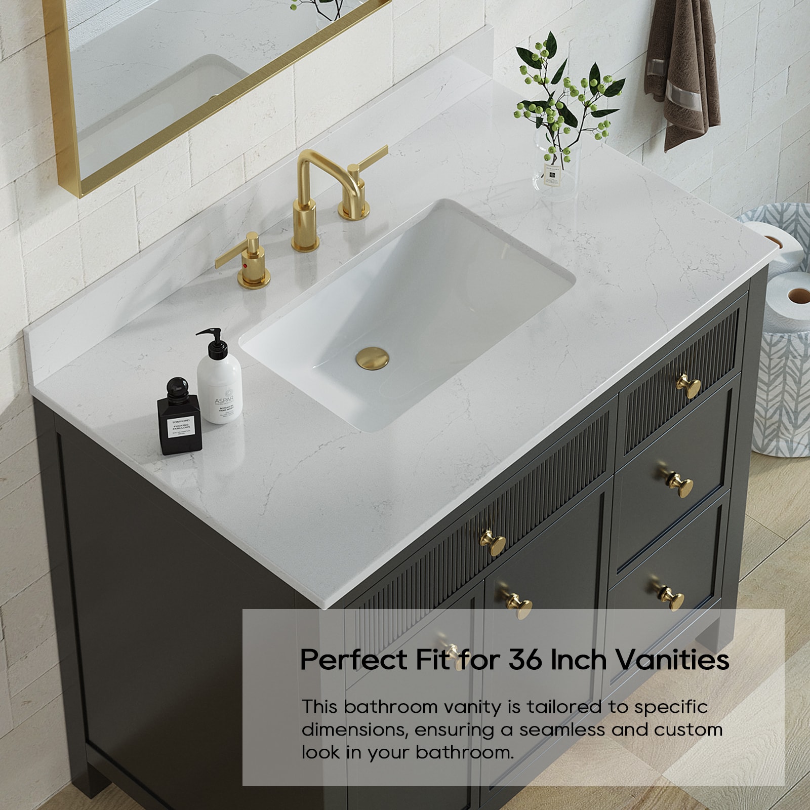 Tope de tocador de baño de cuarzo blanco Bianco Bella de 37 pulgadas x 22 pulgadas con fregadero individual bajo encimera de 3 orificios de lujo