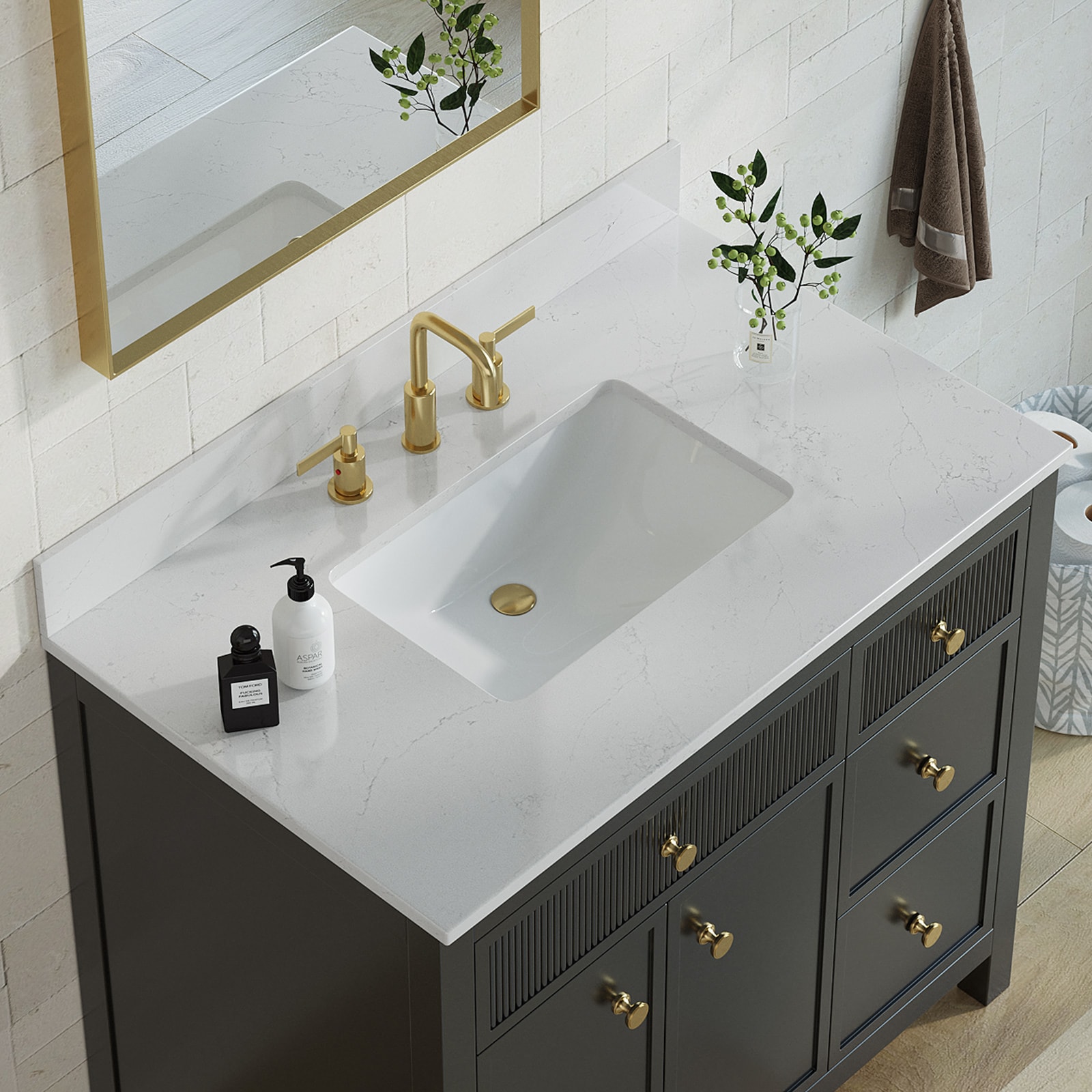 Tope de tocador de baño de cuarzo blanco Bianco Bella de 37 pulgadas x 22 pulgadas con fregadero individual bajo encimera de 3 orificios de lujo