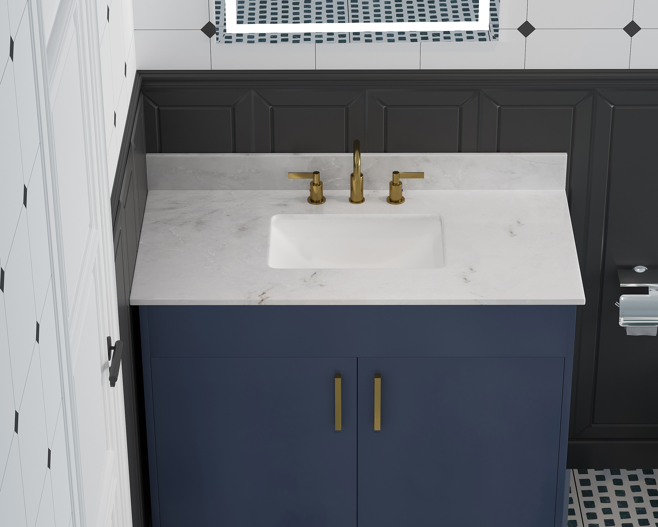 Tapa de tocador de baño de mármol blanco Carlsber 37 pulgadas x 22 pulgadas con lavabo único empotrado y 3 orificios DELUXE LIVING VT0019