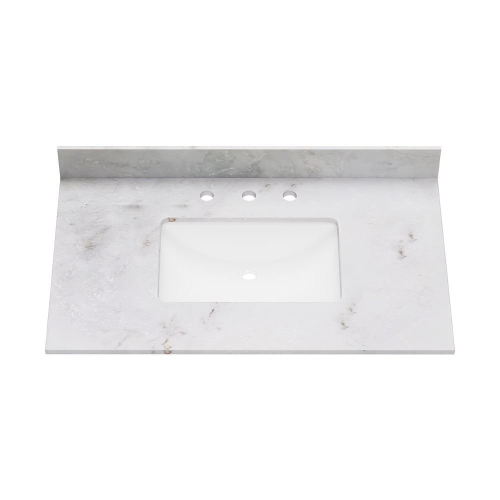 Tapa de tocador de baño de mármol blanco Carlsber 37 pulgadas x 22 pulgadas con lavabo único empotrado y 3 orificios DELUXE LIVING VT0019