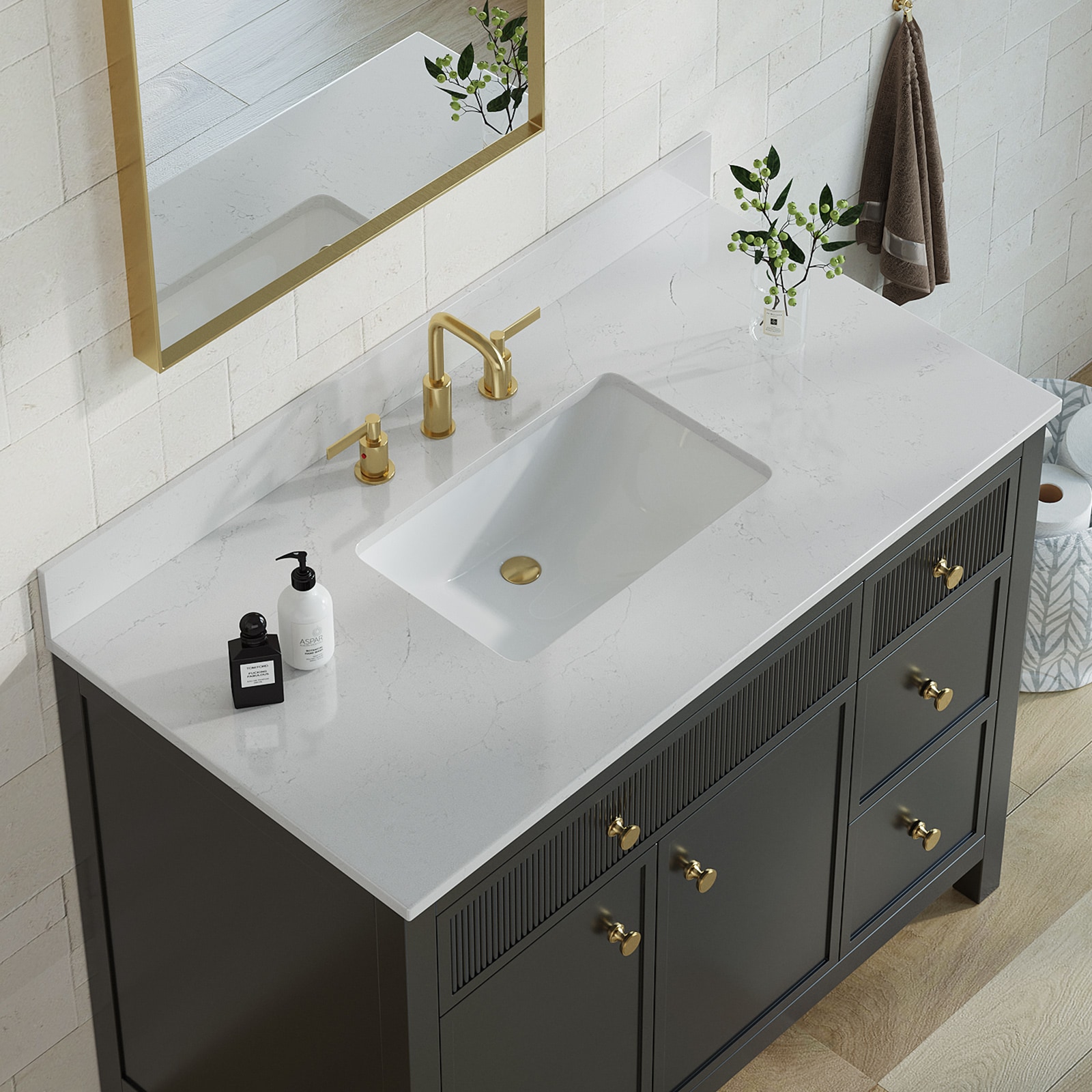 TOCADOR DE LUJO Bianco Bella 43 pulgadas x 22 pulgadas Encimera de tocador de baño de cuarzo blanco con lavabo individual bajo encimera y 3 orificios VT0015