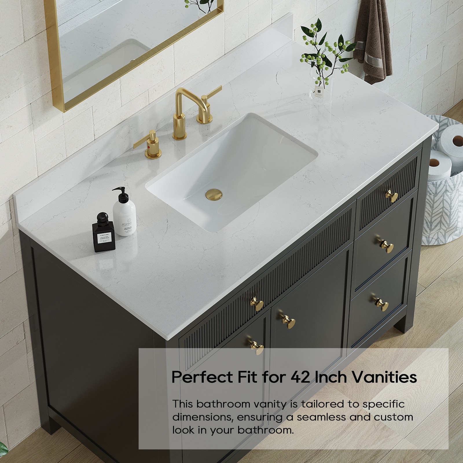 TOCADOR DE LUJO Bianco Bella 43 pulgadas x 22 pulgadas Encimera de tocador de baño de cuarzo blanco con lavabo individual bajo encimera y 3 orificios VT0015