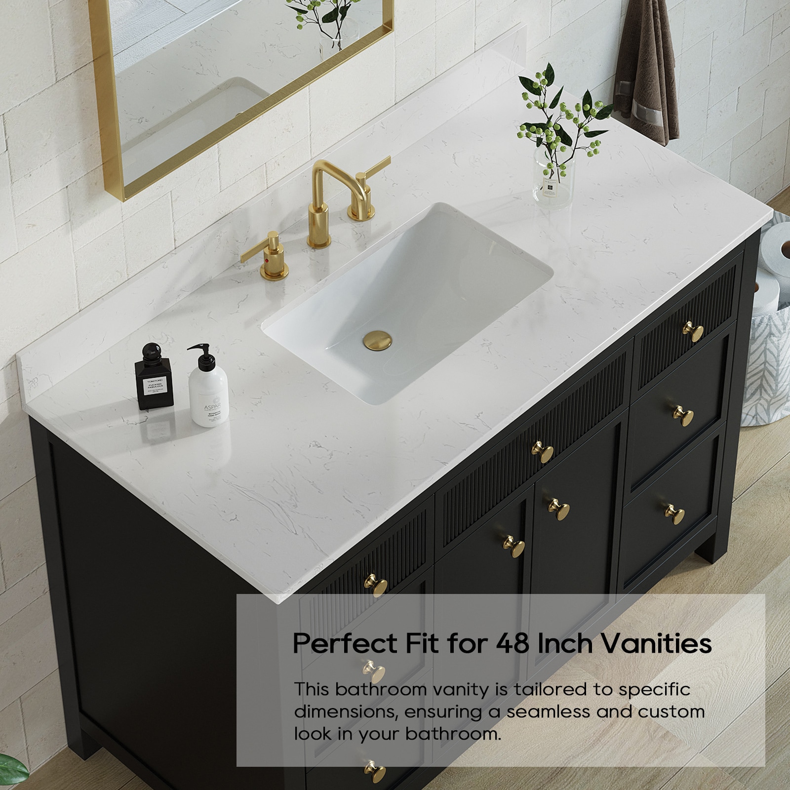 Tope de lavabo de baño de mármol blanco Carrara de ingeniería 49 pulgadas x 22 pulgadas con lavabo individual empotrable y 3 agujeros - DELUXE LIVING VT0026