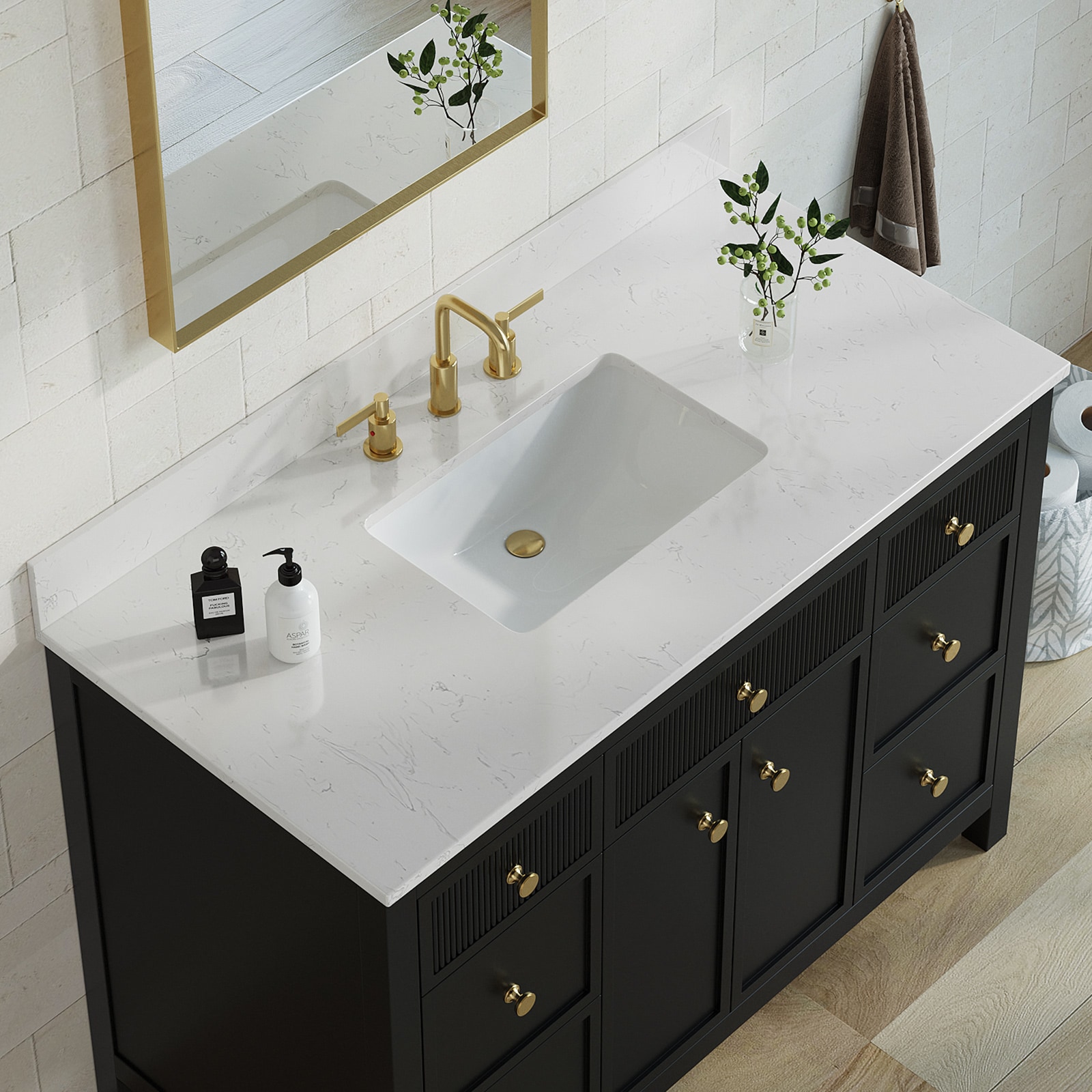 Tope de lavabo de baño de mármol blanco Carrara de ingeniería 49 pulgadas x 22 pulgadas con lavabo individual empotrable y 3 agujeros - DELUXE LIVING VT0026