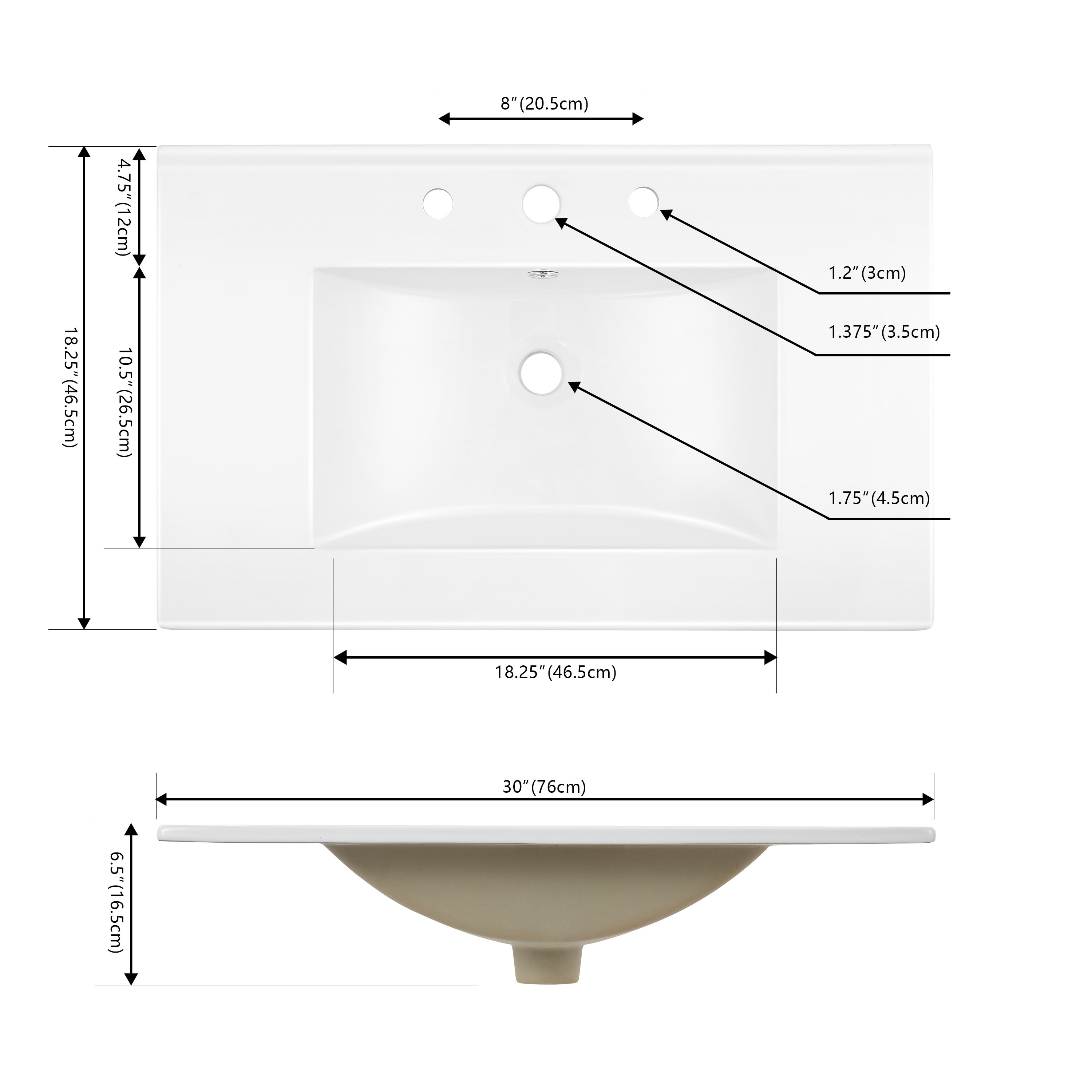 JONATHAN Y Top de tocador adicional para lavabo de 30 pulgadas x 18.25 pulgadas de cerámica blanca para lavabo empotrado de un solo orificio en la parte superior del tocador de baño SNK1002A