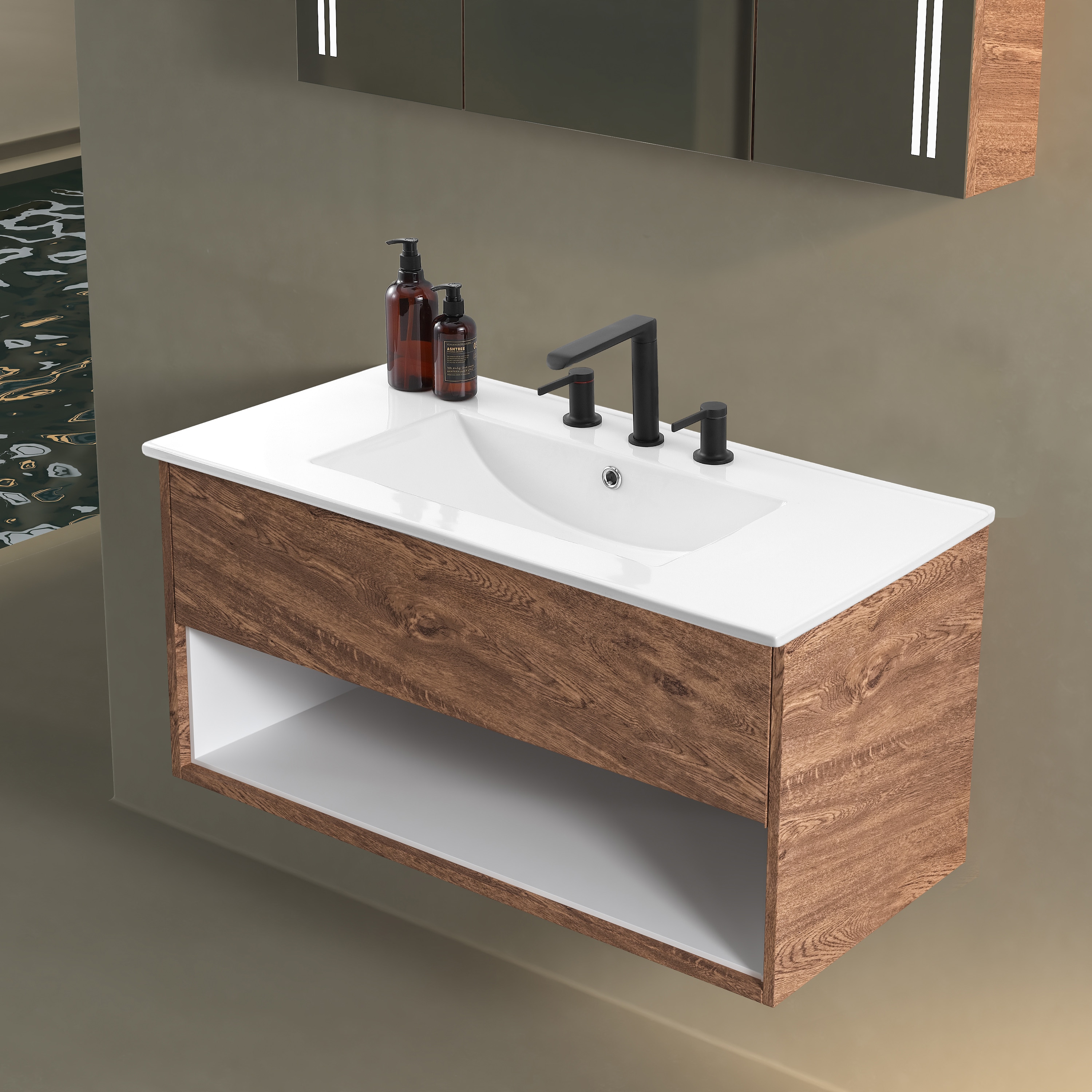 Encimera de tocador adicional para lavabo de Jonathan de 36 pulgadas x 18.25 pulgadas en cerámica blanca para lavabo de sobreponer de un solo agujero en el tocador de baño SNK1003A