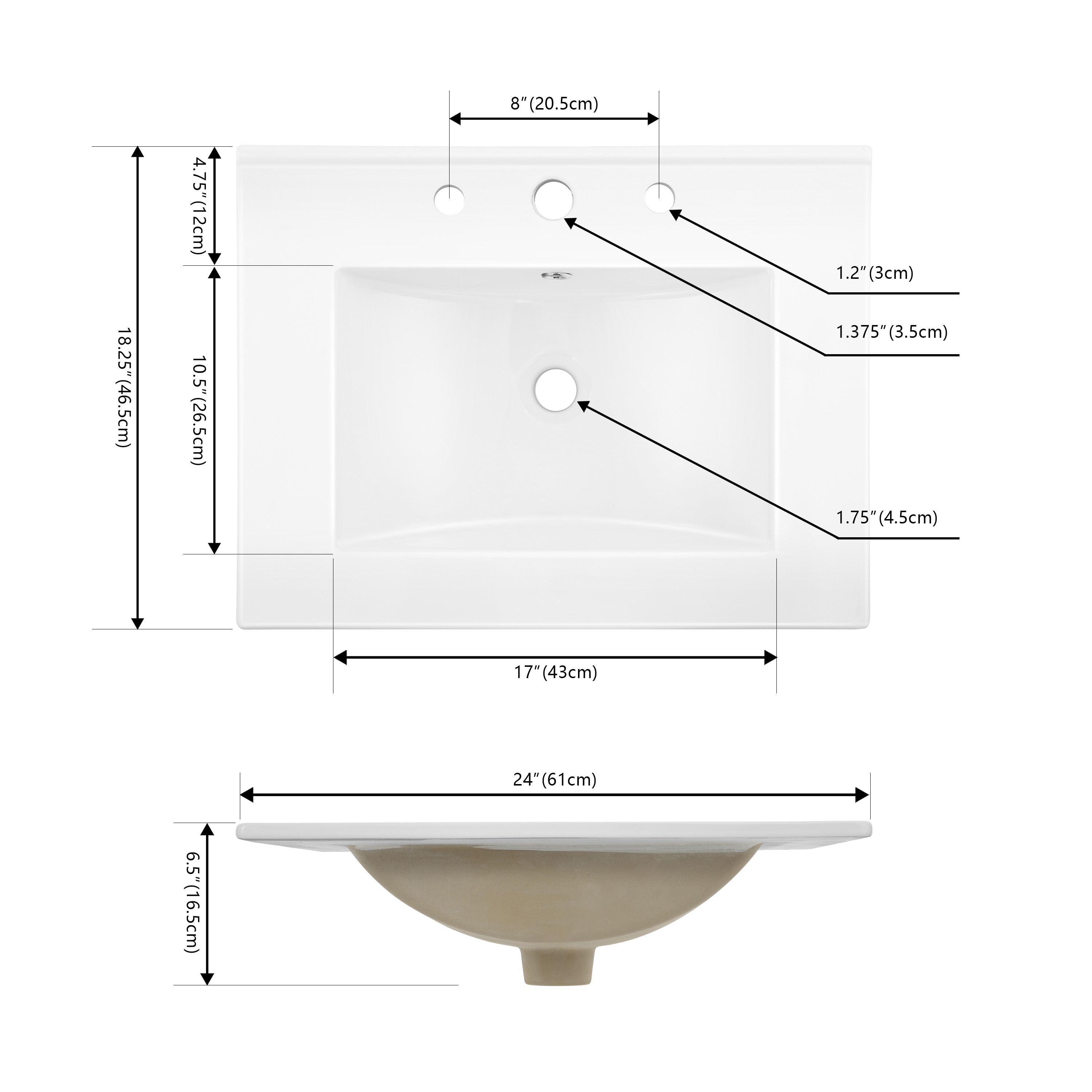 Vanity Top para lavabo auxiliar de Jonathan Y de 24 pulgadas x 18.25 pulgadas en cerámica blanca de sobreponer con un solo lavabo y 3 orificios para grifería.