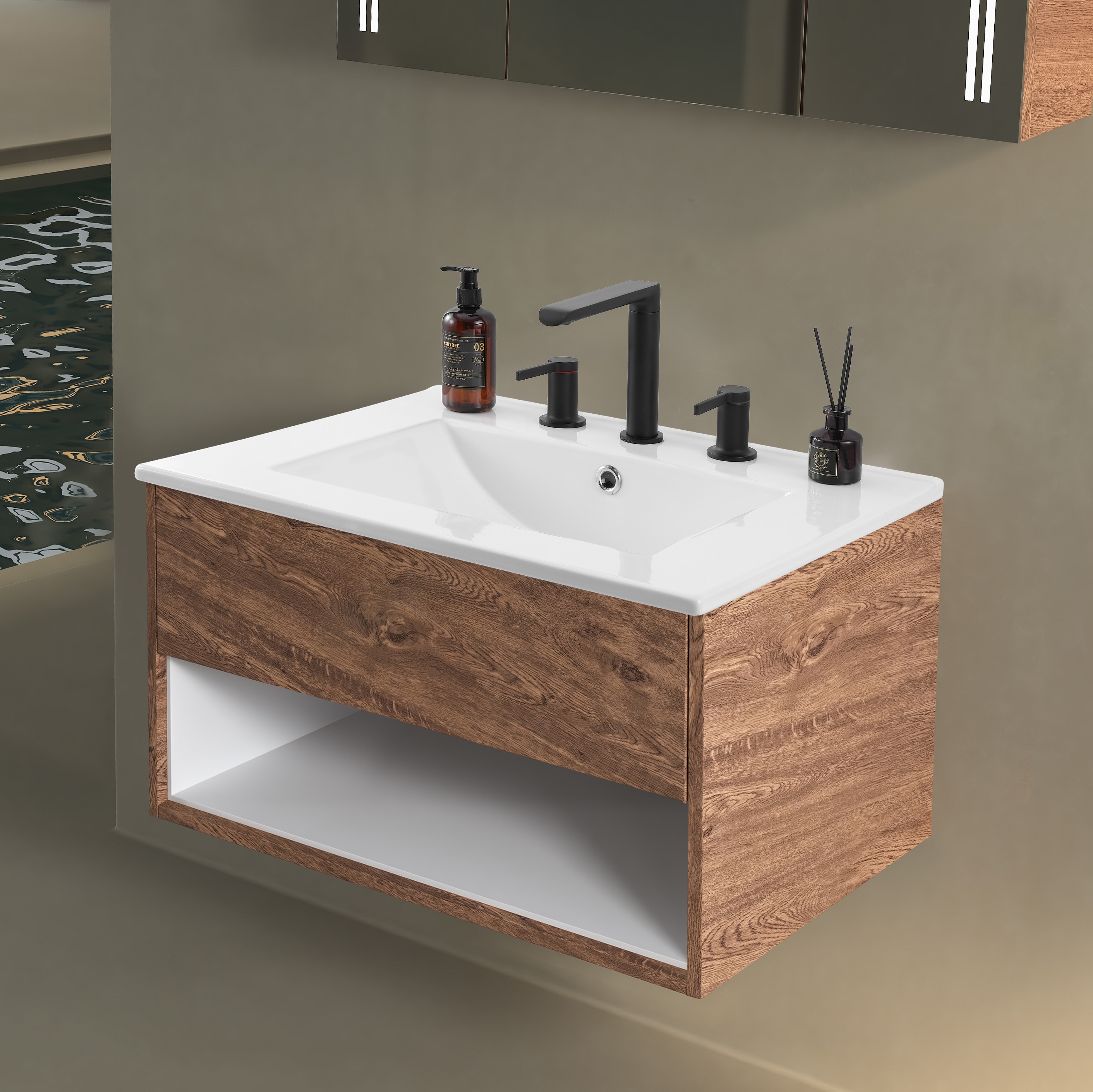 Vanity Top para lavabo auxiliar de Jonathan Y de 24 pulgadas x 18.25 pulgadas en cerámica blanca de sobreponer con un solo lavabo y 3 orificios para grifería.