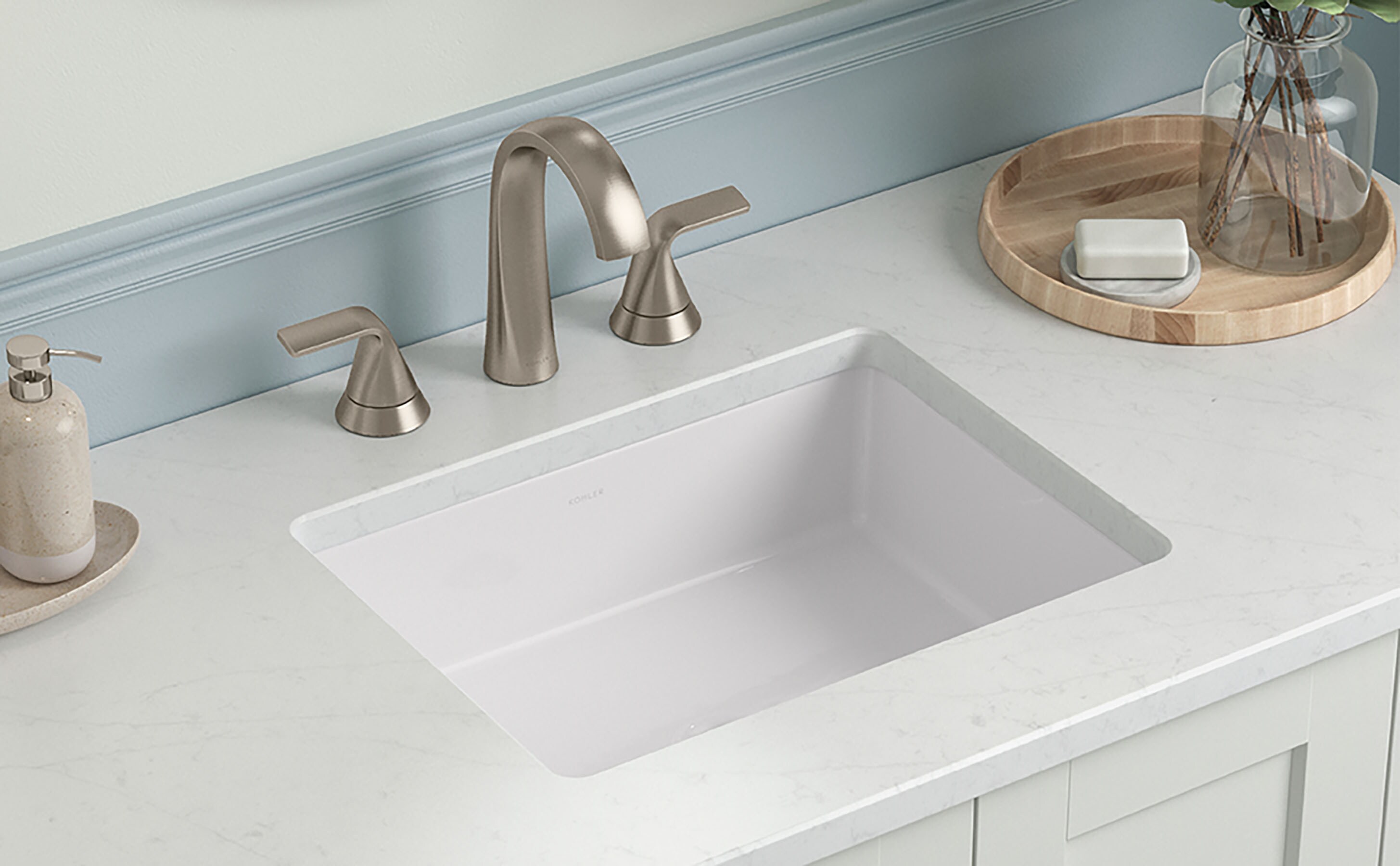 Cubierta de tocador de baño KOHLER Silestone de cuarzo Eternal Statuario de 49 pulgadas x 22.44 pulgadas con un solo lavabo bajo cubierta y un orificio 28253-EST.