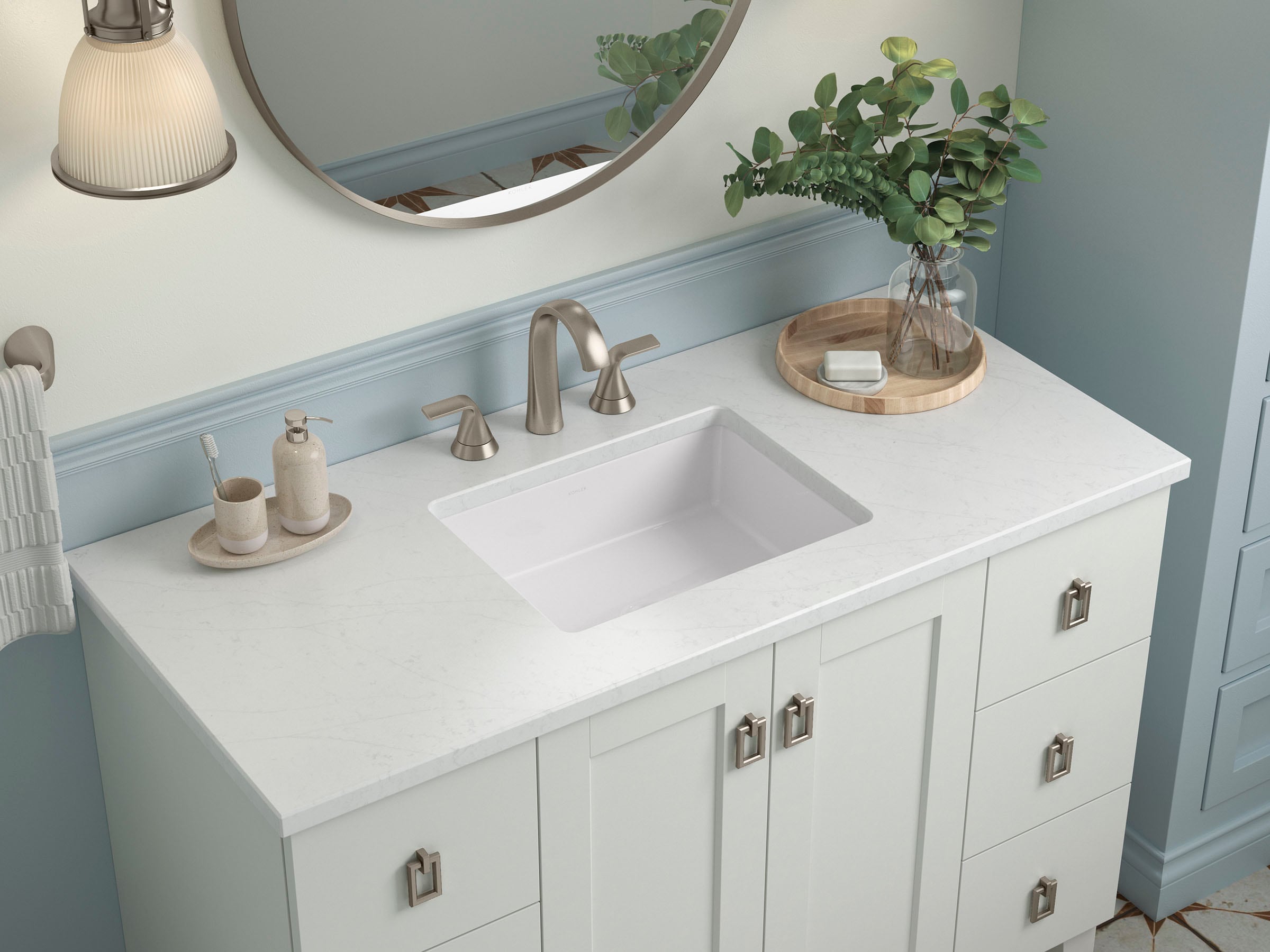 Cubierta de tocador de baño KOHLER Silestone de cuarzo Eternal Statuario de 49 pulgadas x 22.44 pulgadas con un solo lavabo bajo cubierta y un orificio 28253-EST.