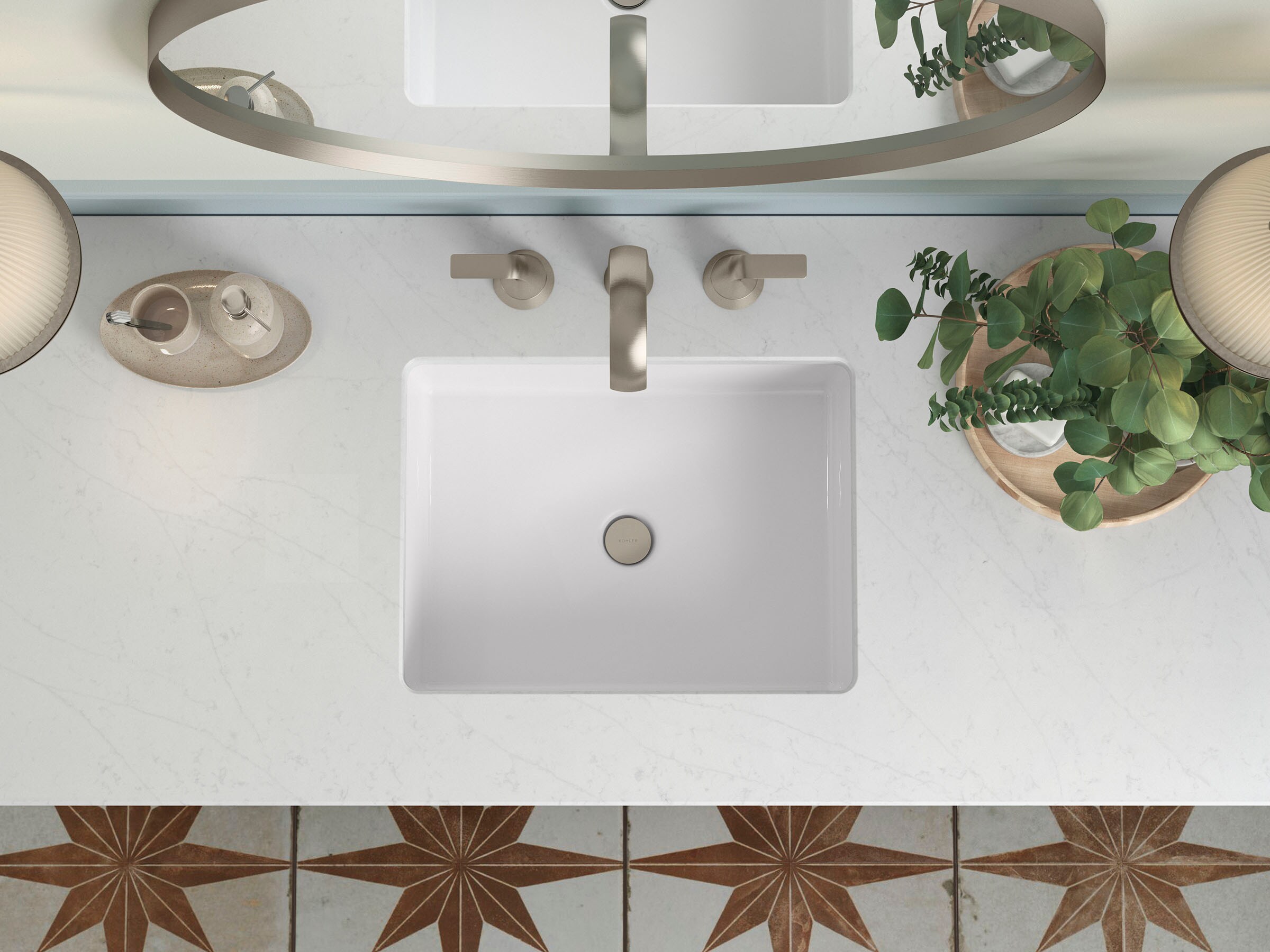 Cubierta de tocador de baño KOHLER Silestone de cuarzo Eternal Statuario de 49 pulgadas x 22.44 pulgadas con un solo lavabo bajo cubierta y un orificio 28253-EST.