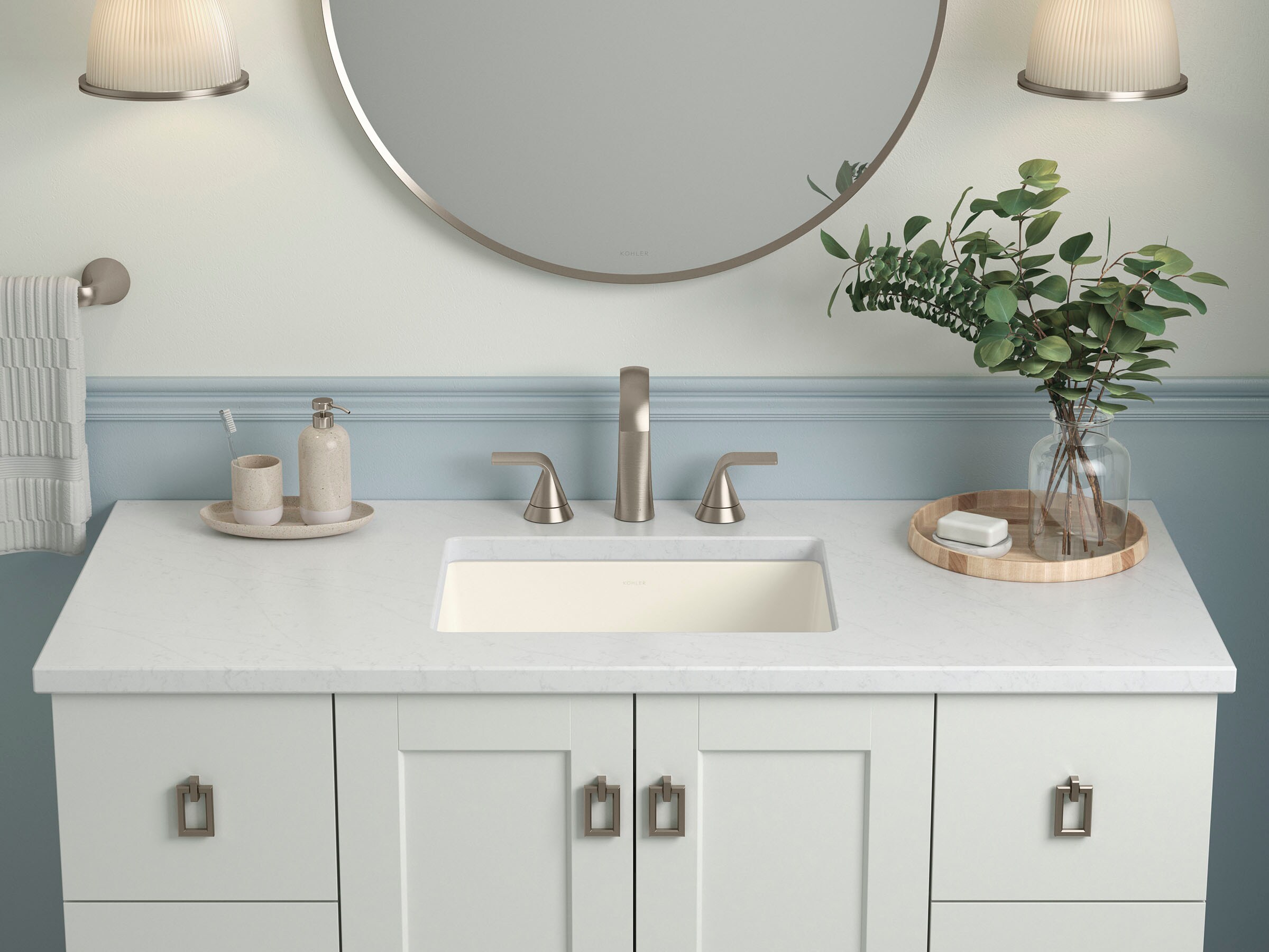 Cubierta de tocador de baño KOHLER Silestone de cuarzo Eternal Statuario de 49 pulgadas x 22.44 pulgadas con un solo lavabo bajo cubierta y un orificio 28253-EST.