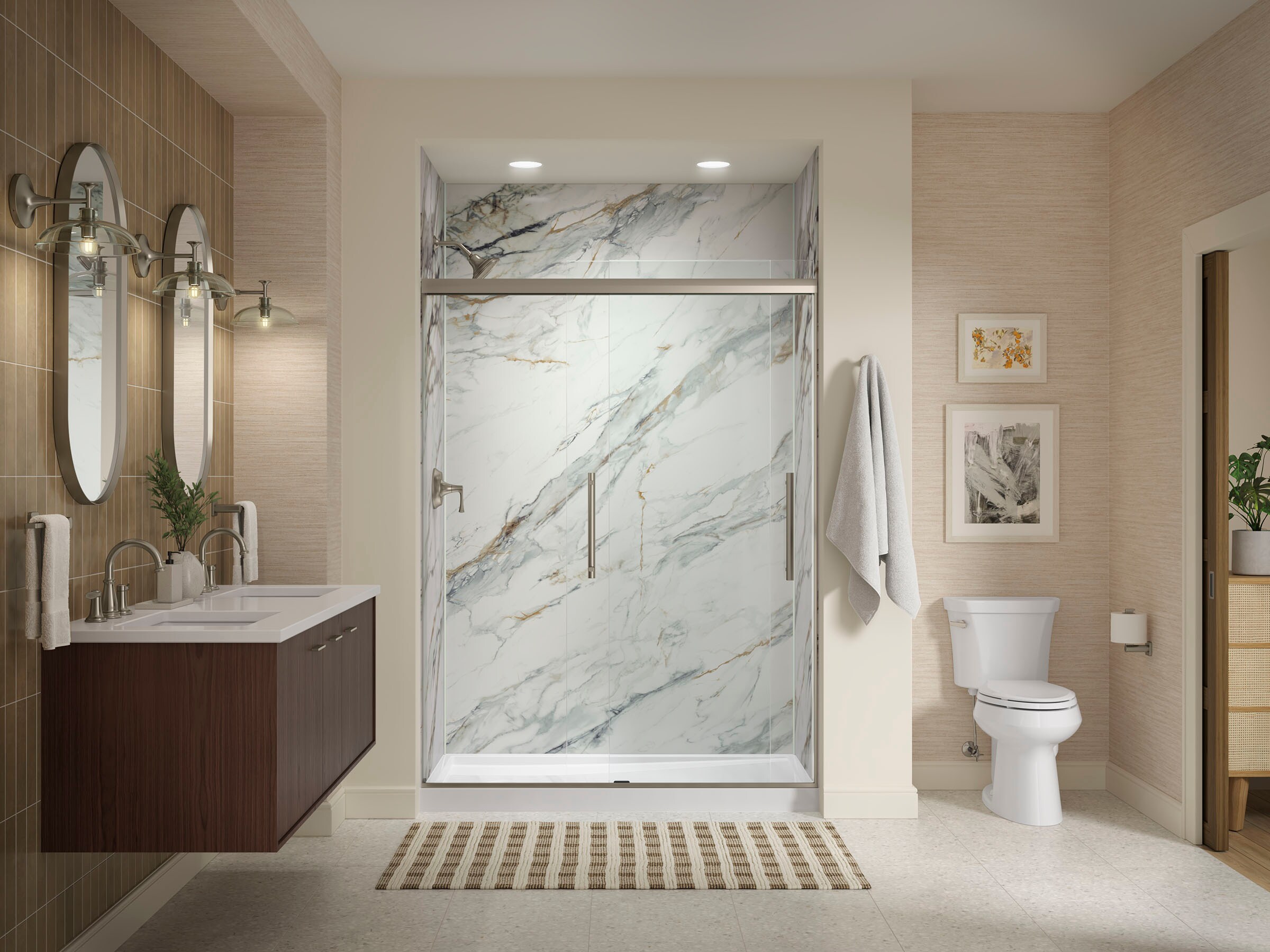 TOPE de VANIDAD para BAÑO de CUARZO BLANCO Miami de 61 Pulgadas x 22.44 Pulgadas con doble lavabo empotrado bajo mostrador de 2 orificios KOHLER Silestone 28255-MMW.
