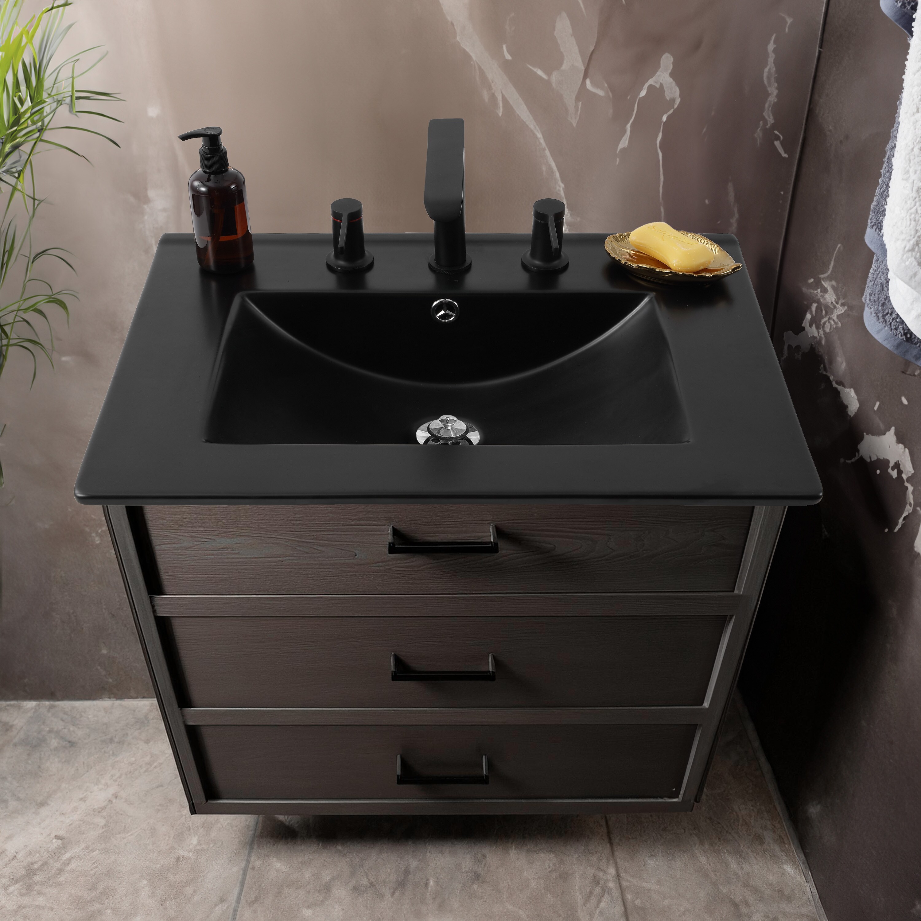Tope de vanidad de baño de 24 pulgadas x 18.25 pulgadas en cerámica negra con lavabo único y 3 orificios de montaje - Clásico y contemporáneo adicional