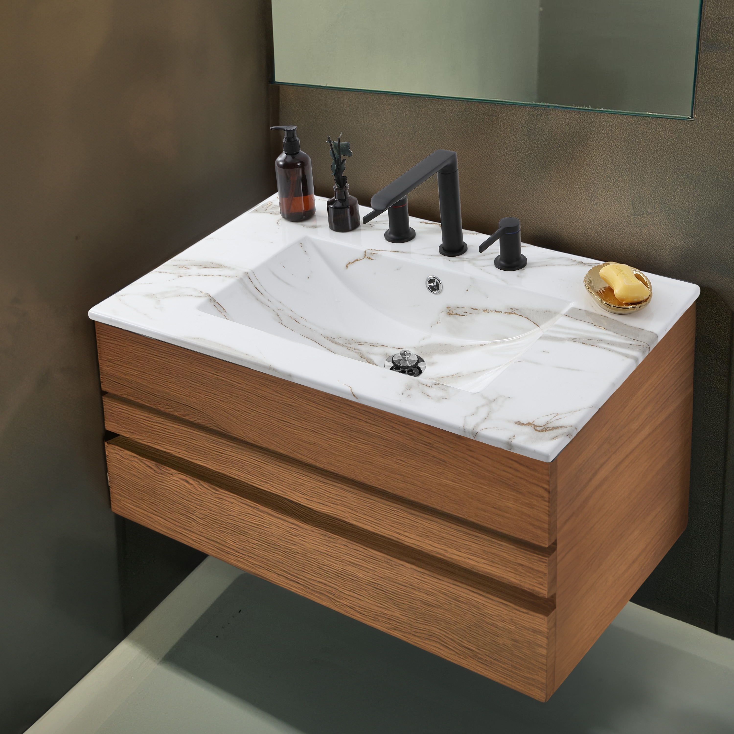 Encimera de baño para tocador clásico contemporáneo, efecto mármol blanco, caída única de cerámica de 30 pulgadas x 18.25 pulgadas con 3 orificios - SNK1002C